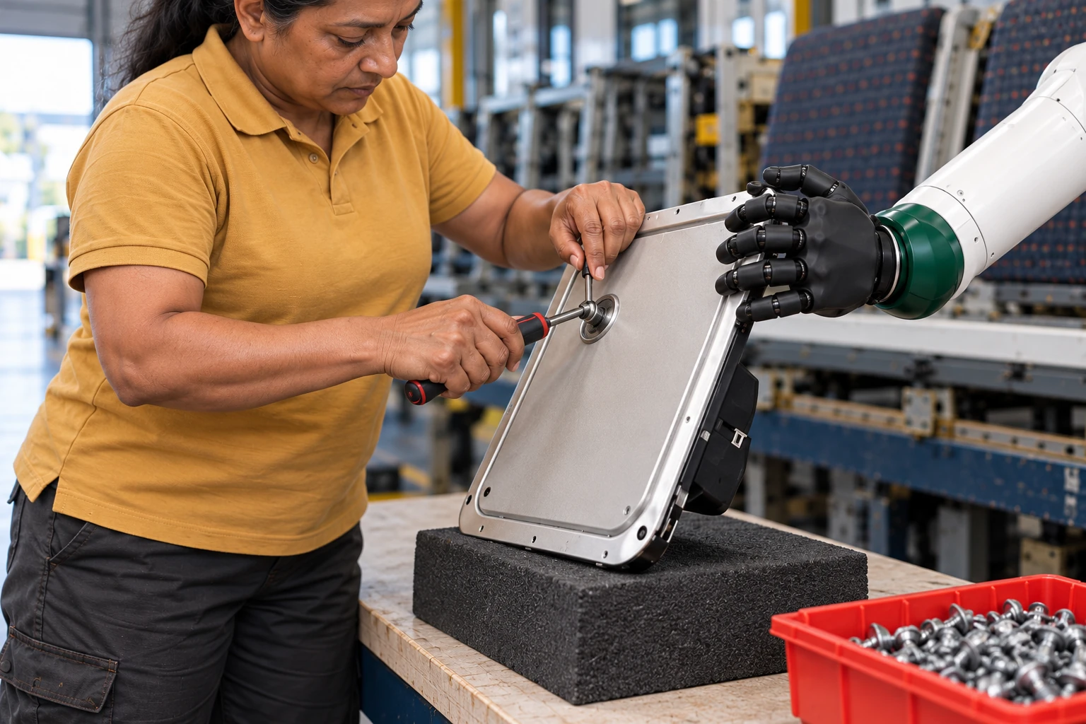 Muscle supports the free edge of a lightweight access cover while the technician uses both hands to remove a captive retainer.