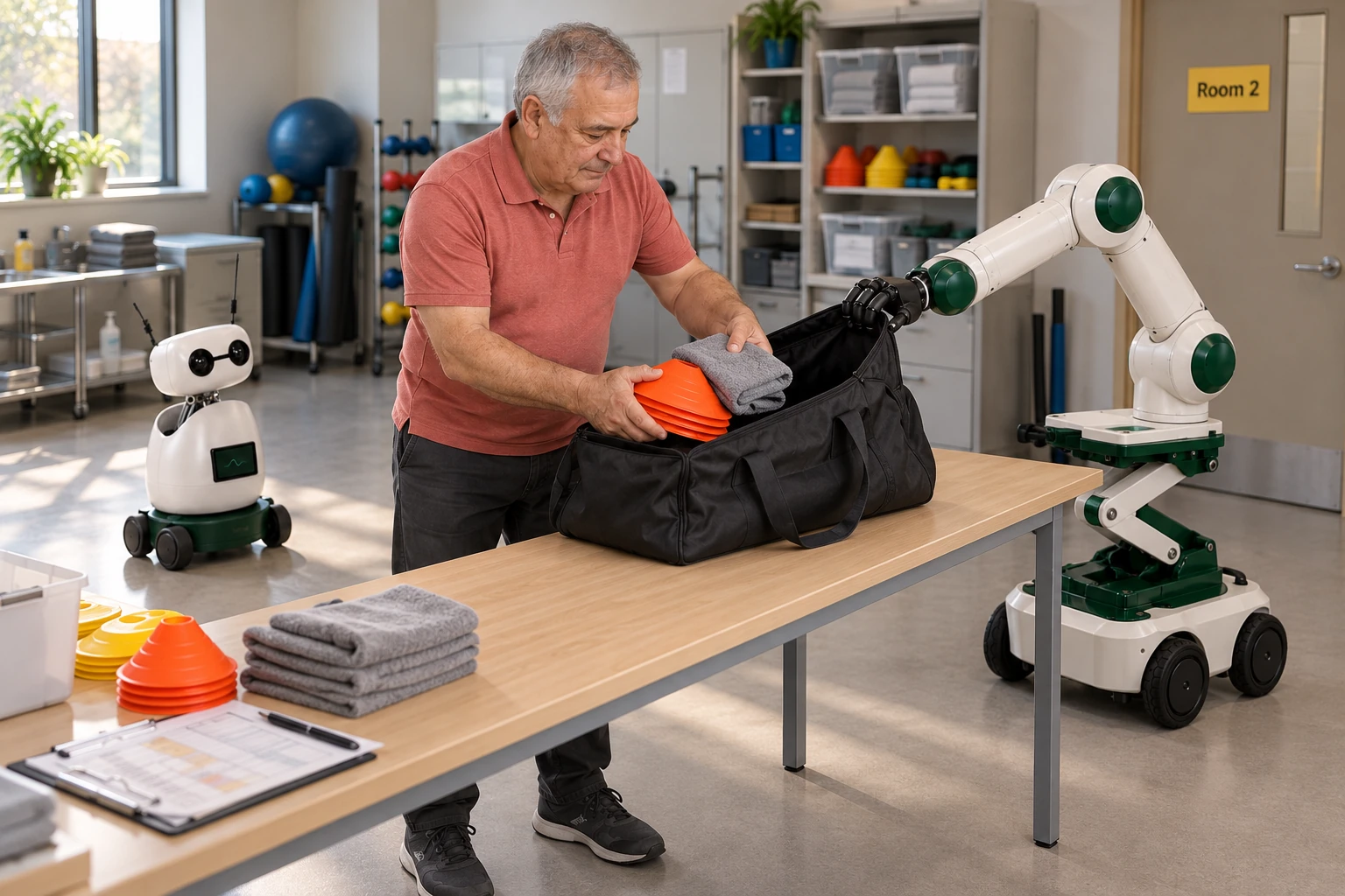 Muscle holds a clean carry-bag mouth open while a staff member packs light exercise cones and folded towels with both hands. Mini observes the actual handwork from a separate clear floor position.