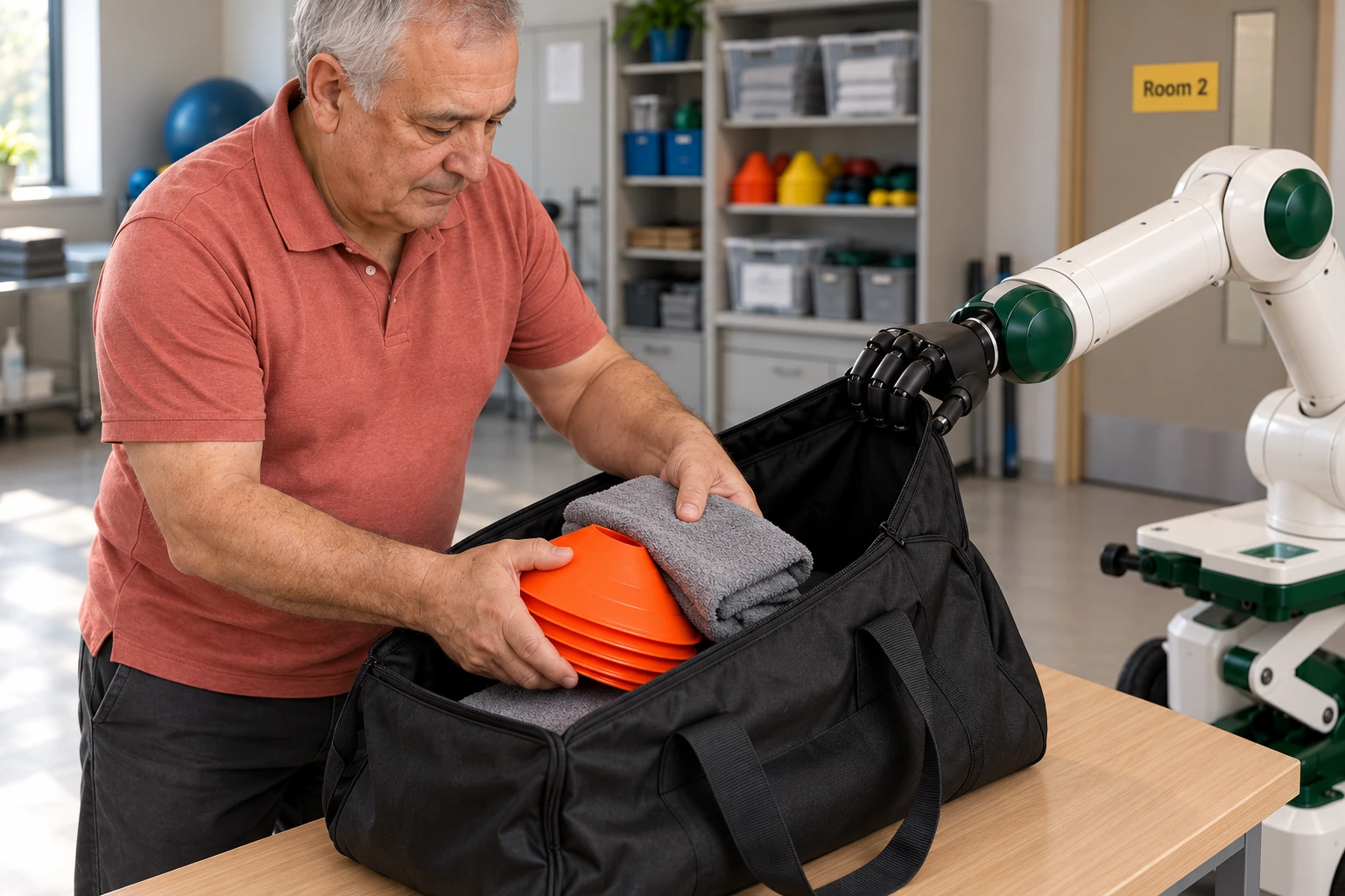 Muscle holds a clean carry-bag mouth open while a staff member packs light exercise cones and folded towels with both hands.