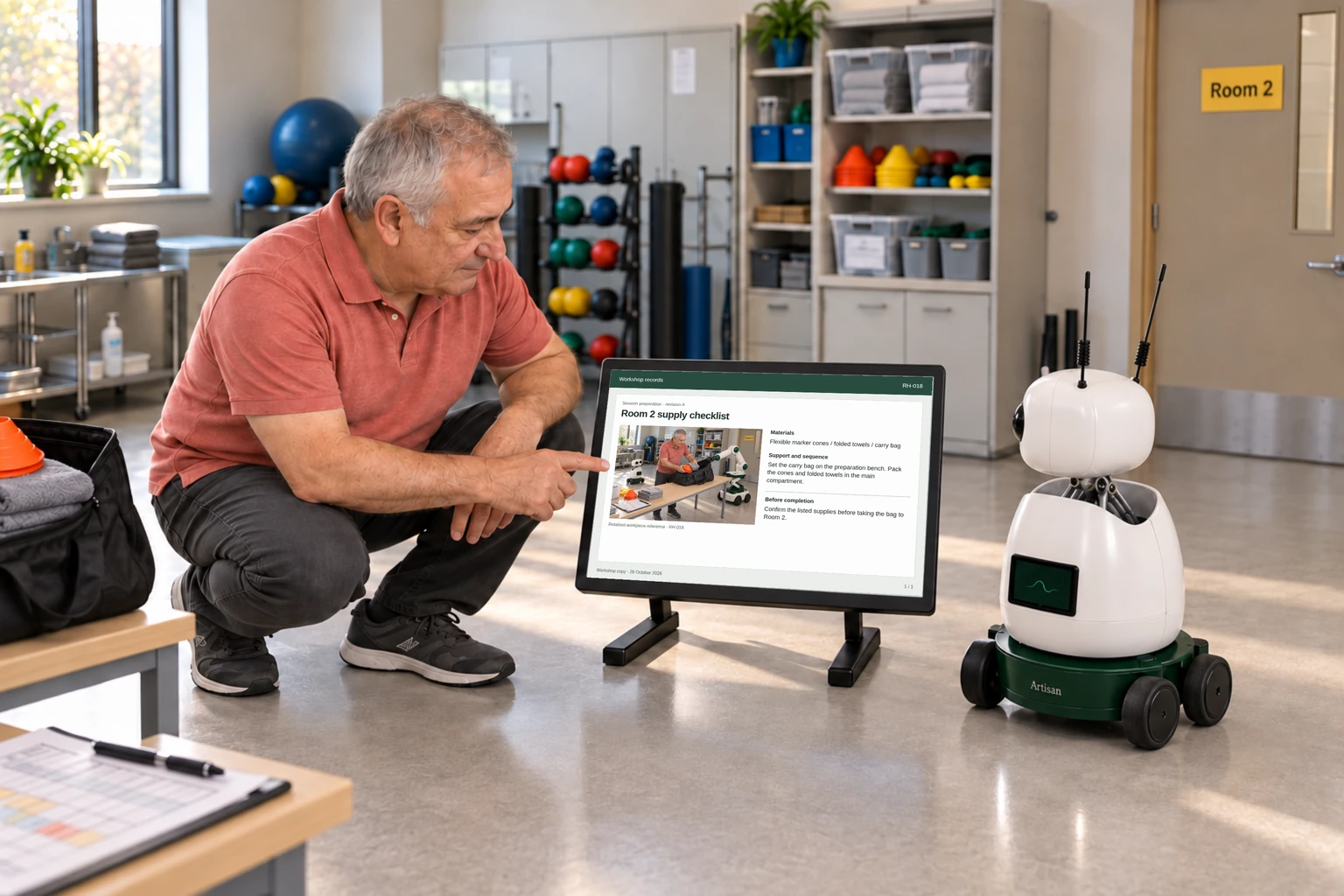 A staff member and Mini consult a source-linked equipment care guide and the next session’s non-patient supply checklist.