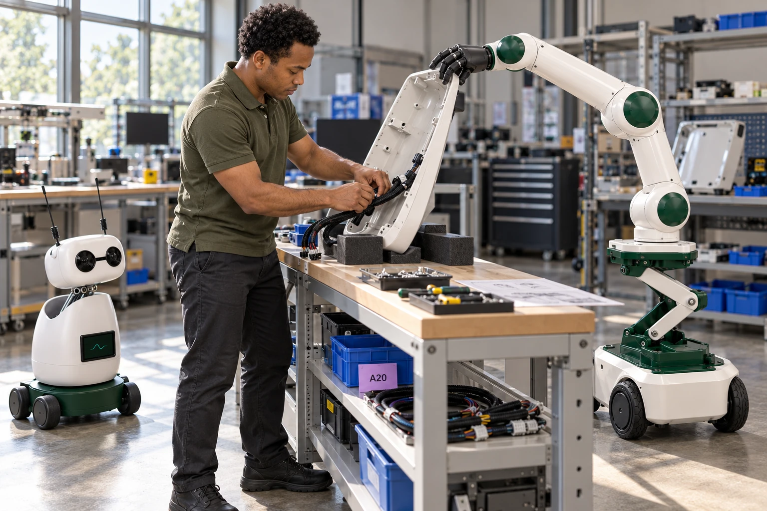 Muscle holds a lightweight housing cover at its free edge while the assembler uses both hands to route a loose protective sleeve beneath it.