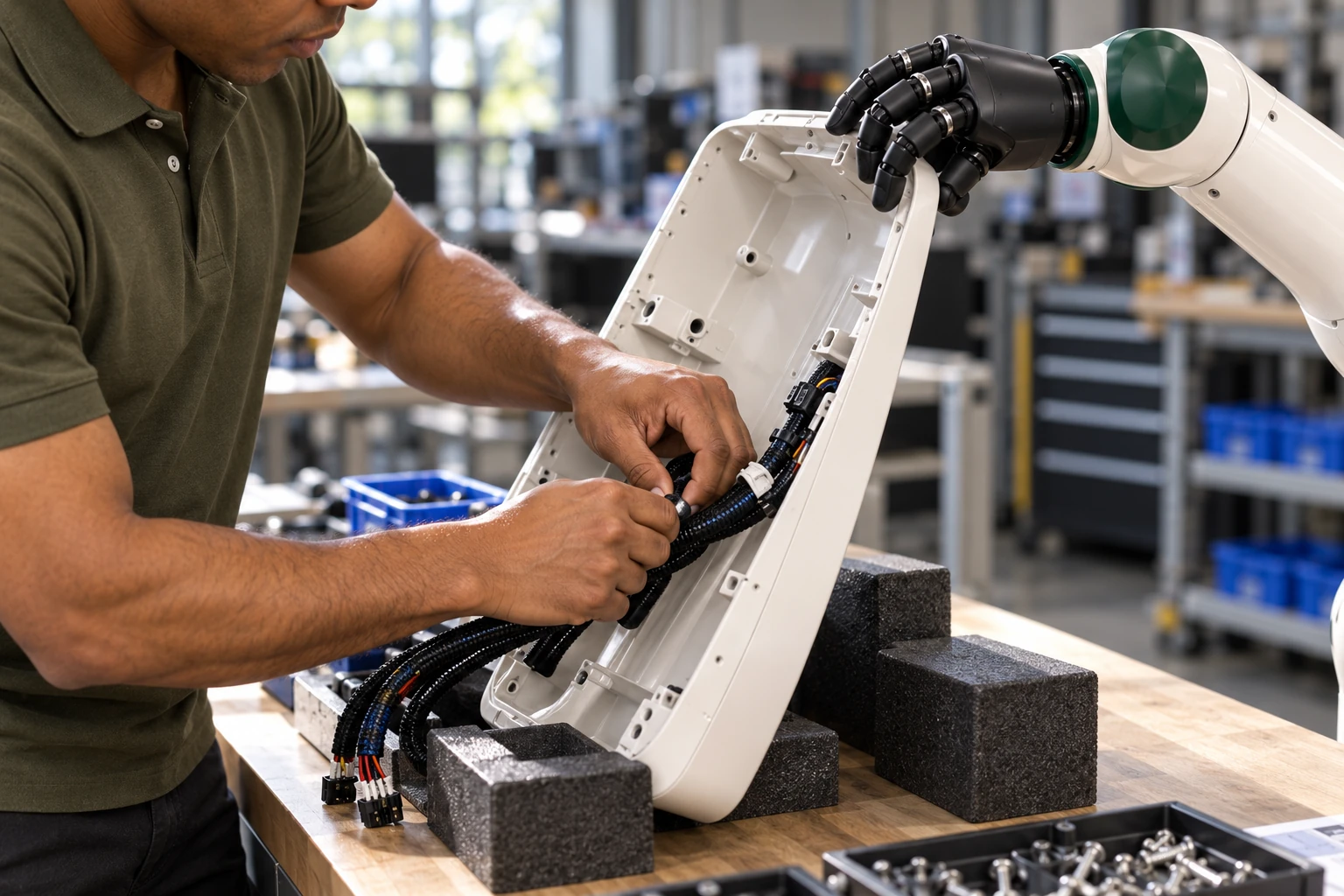 Muscle holds a lightweight housing cover at its free edge while the assembler uses both hands to route a loose protective sleeve beneath it.