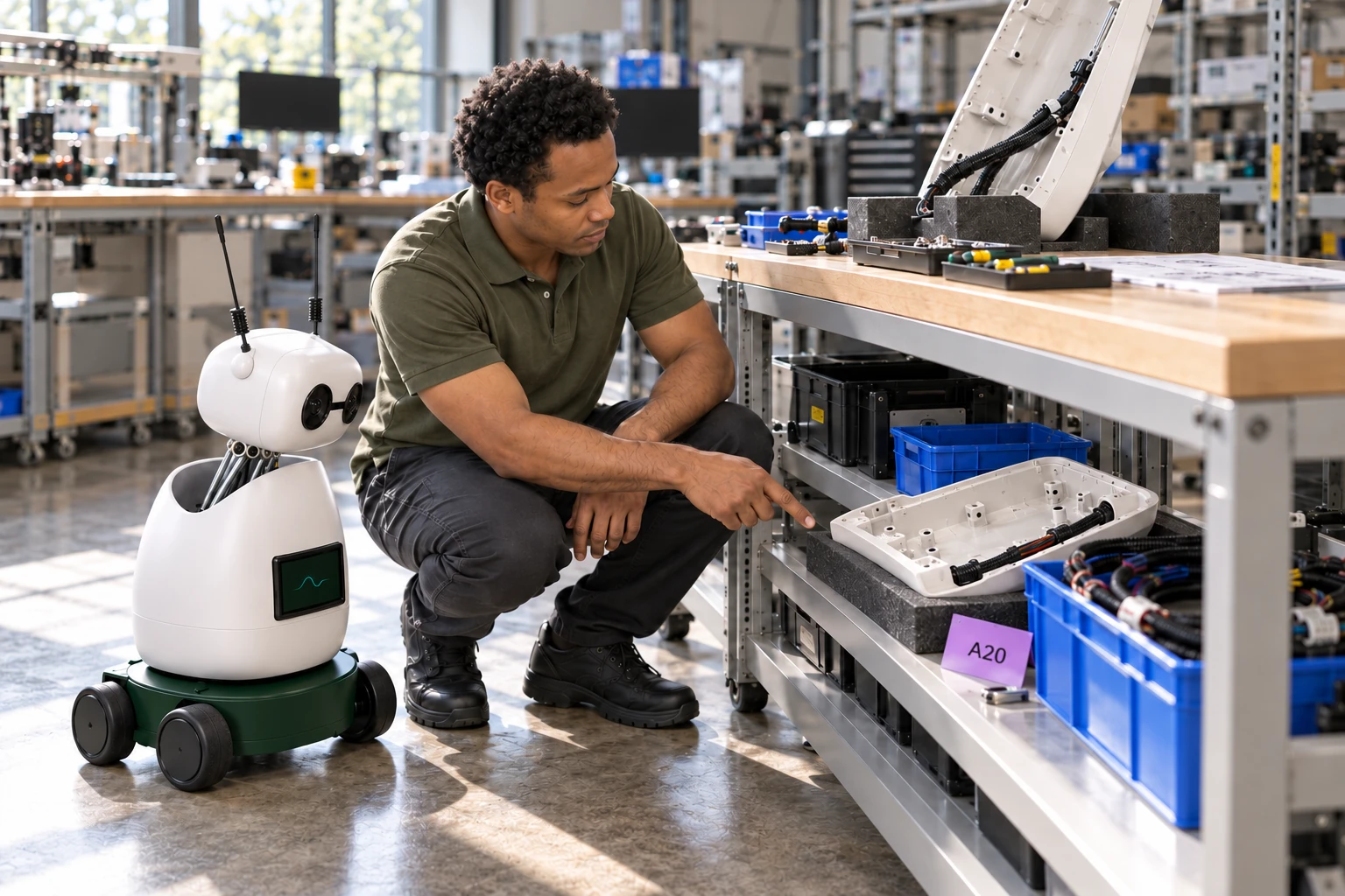 Assembler explains how this prototype cover is kept separate from production parts while fit notes are reviewed. The worker shows Mini the marked prototype cover, now on the foam pad with the purple revision card on the low shelf; Mini listens and looks at that actual object.