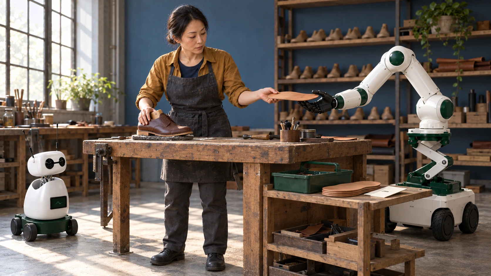 A shoemaker receives a sole blank from the Muscle beside her bench while the Brains waits nearby; both robots stand on their wheeled bases.