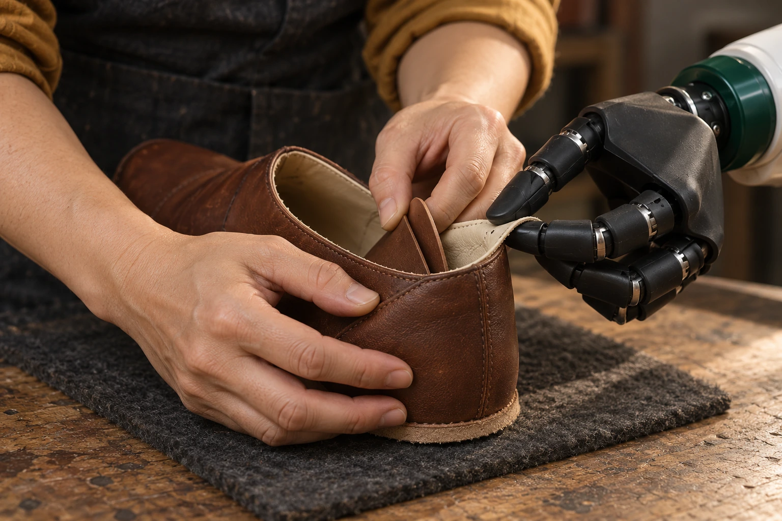 The Muscle holds a small fold of lining clear while the shoemaker works on the brown leather upper.