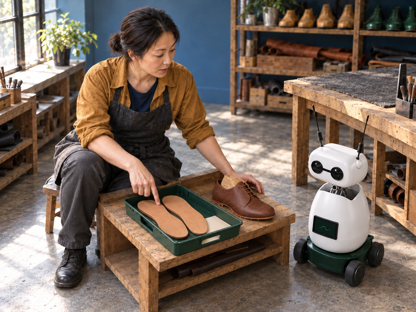 The shoemaker shows the Brains a matched pair of sole blanks beside a brown upper on its wooden last.