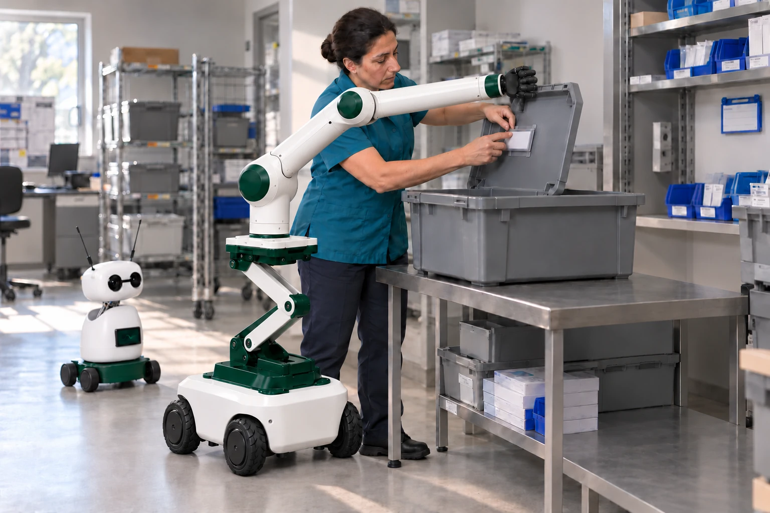 Muscle steadies the raised lid of a large empty transport tote while the stores technician replaces its detachable label frame with both hands. Mini observes the actual handwork from a separate clear floor position.