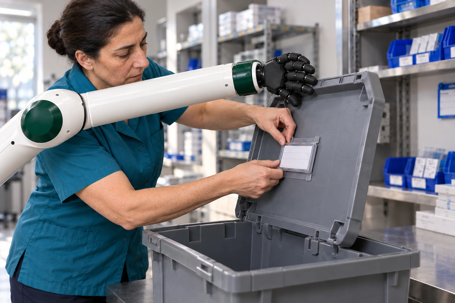 Muscle steadies the raised lid of a large empty transport tote while the stores technician replaces its detachable label frame with both hands.