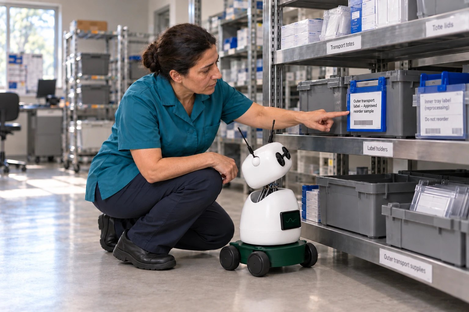 The stores lead explains which approved label sample to quote when ordering the department’s outer transport supplies. The worker identifies the reorder sample of the approved outer transport label in the blue-clipped sleeve on the low stores rail.