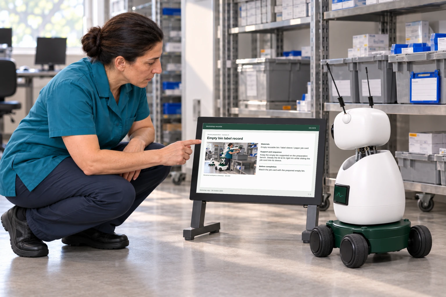 The stores assistant and Mini consult the department’s outer-supply list and a source-linked equipment documentation index.