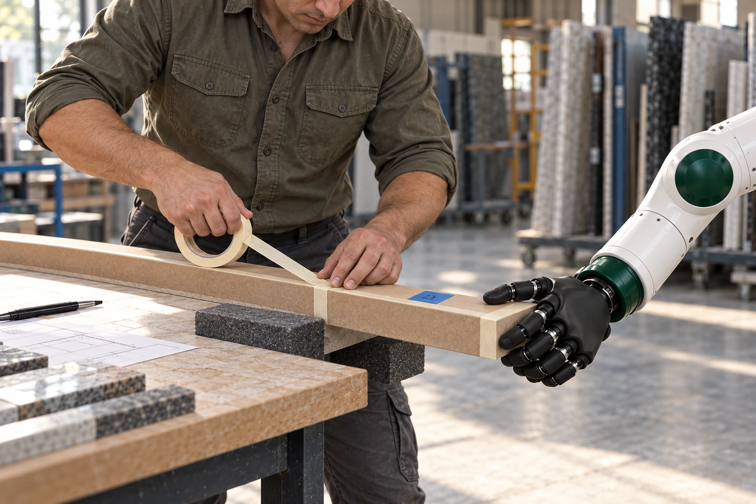 Muscle steadies the free wing of a lightweight worktop template while the mason aligns and tapes its corner joint with both hands.