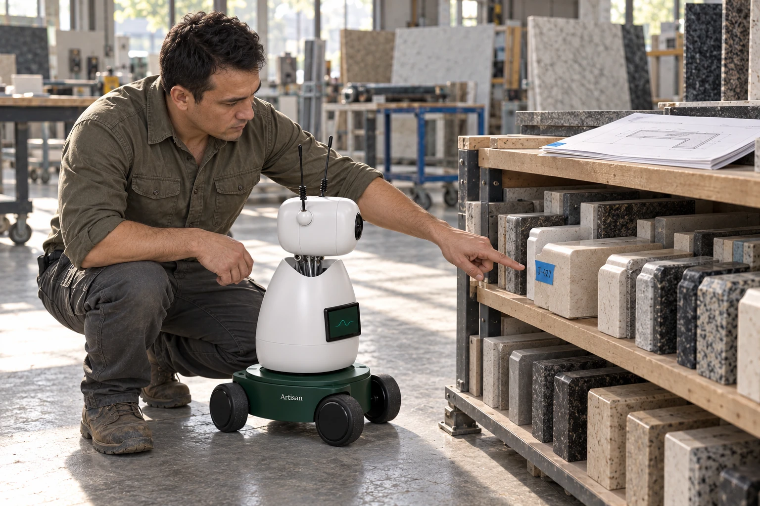 The mason explains that the tagged edge sample stays with the customer’s approved drawing. The worker identifies the approved eased-edge sample with a blue job tab in the low customer-sample rack.