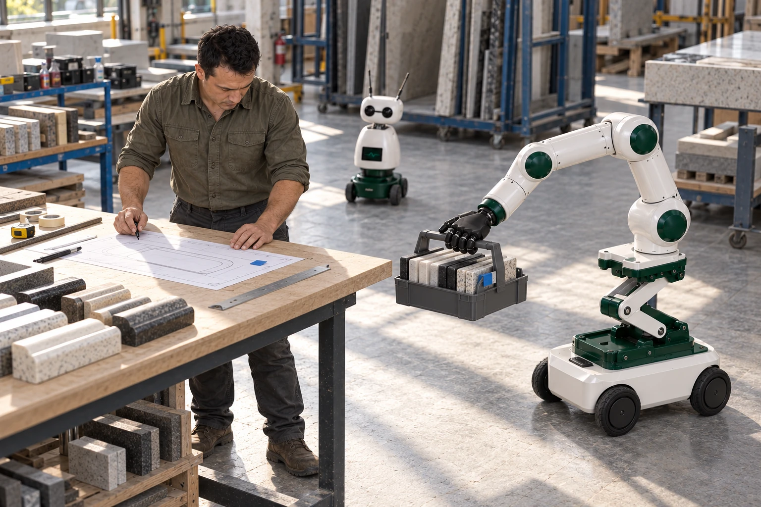 Muscle brings a compact handled carrier of small edge-profile samples to the templating bench.