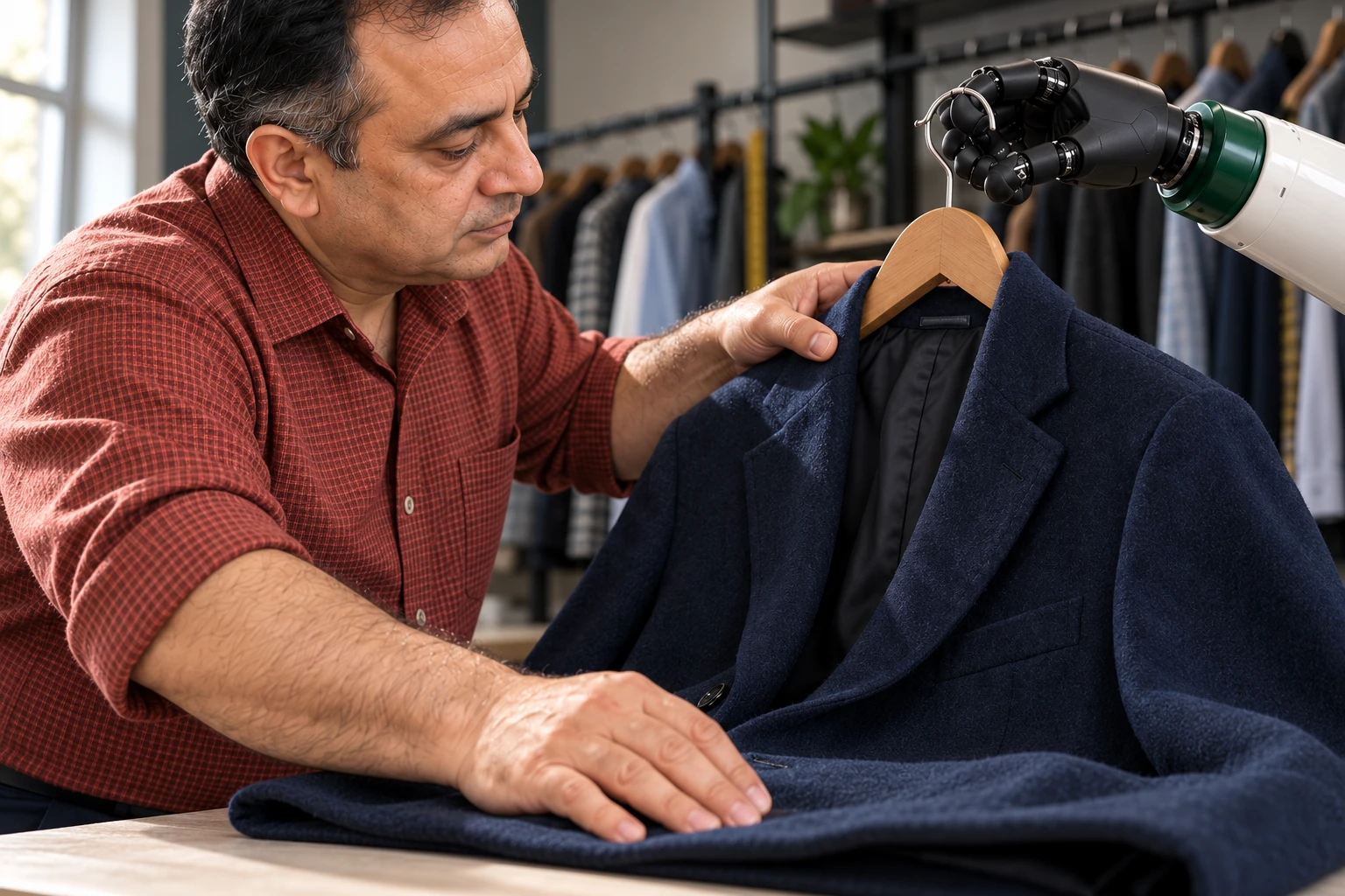 A tailor guides a navy coat onto the table while the black robotic hand supports its wooden hanger by the hook.