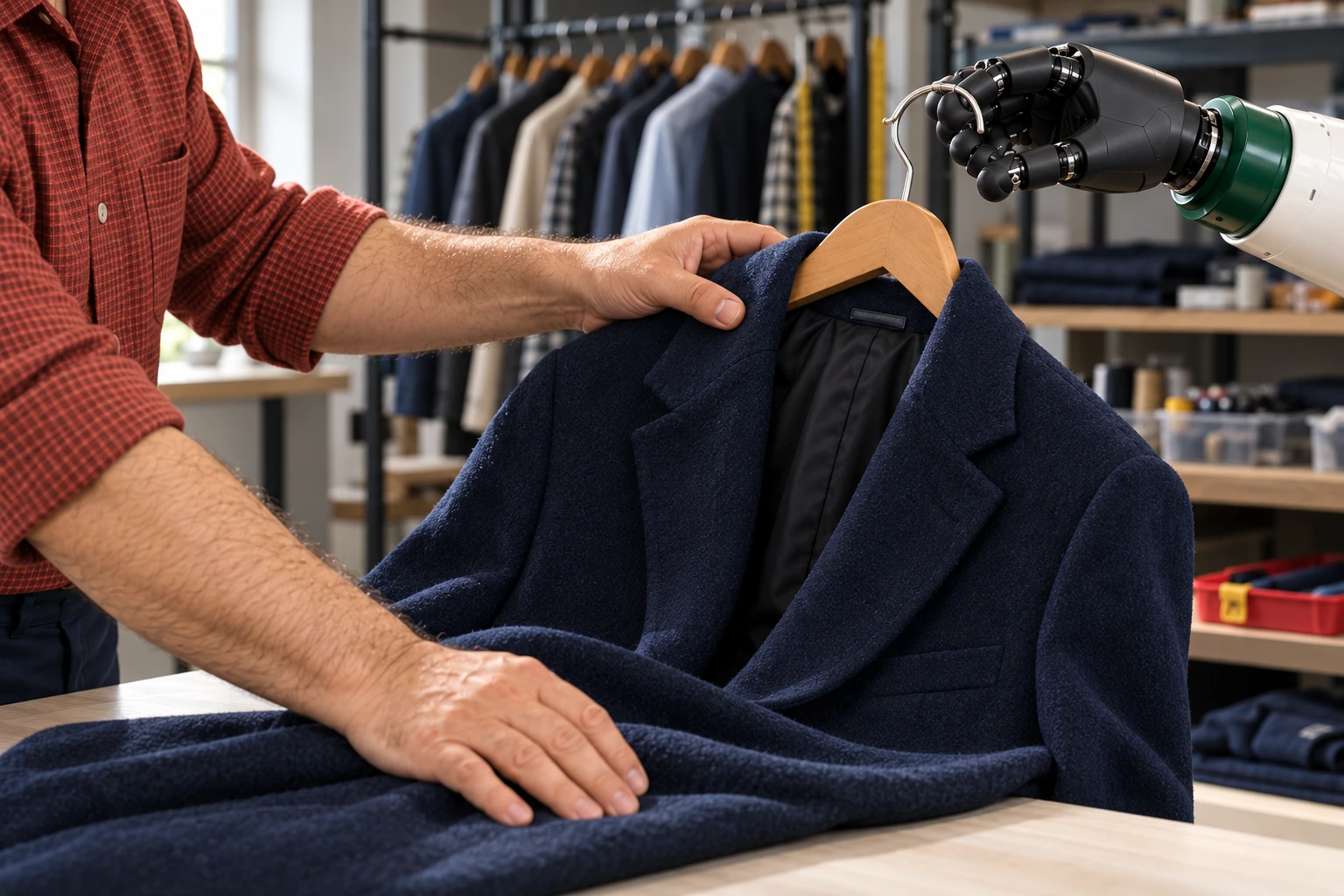 The black robotic hand supports the hanger hook while the tailor guides the coat shoulder and lower garment onto the table.