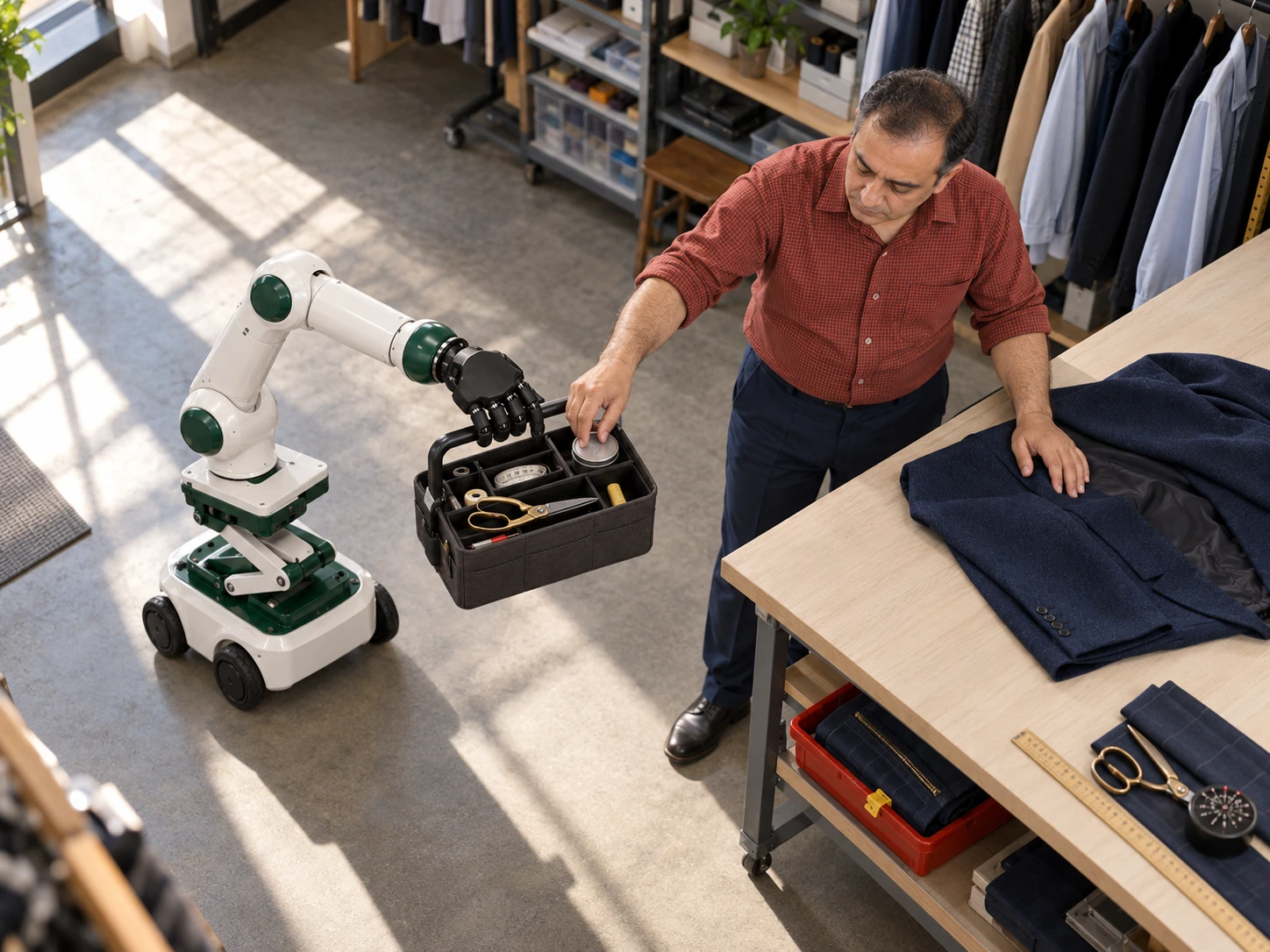 The floor robot brings a handled caddy of tailoring tools beside the person at the cutting table.
