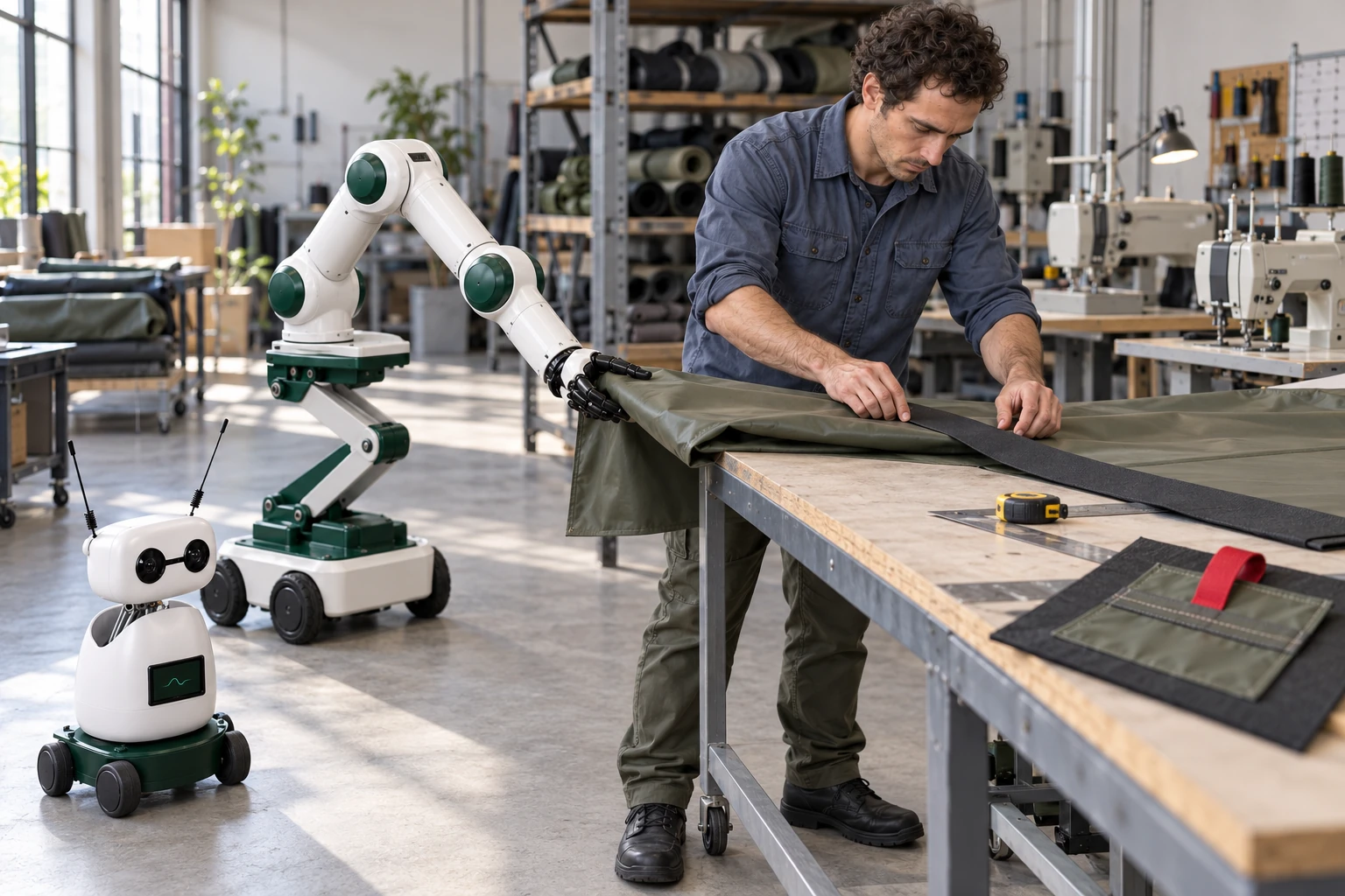 Muscle supports the folded free edge of a coated-fabric equipment cover while the maker aligns a webbing reinforcement on the table. Mini watches beside the skilled worker.