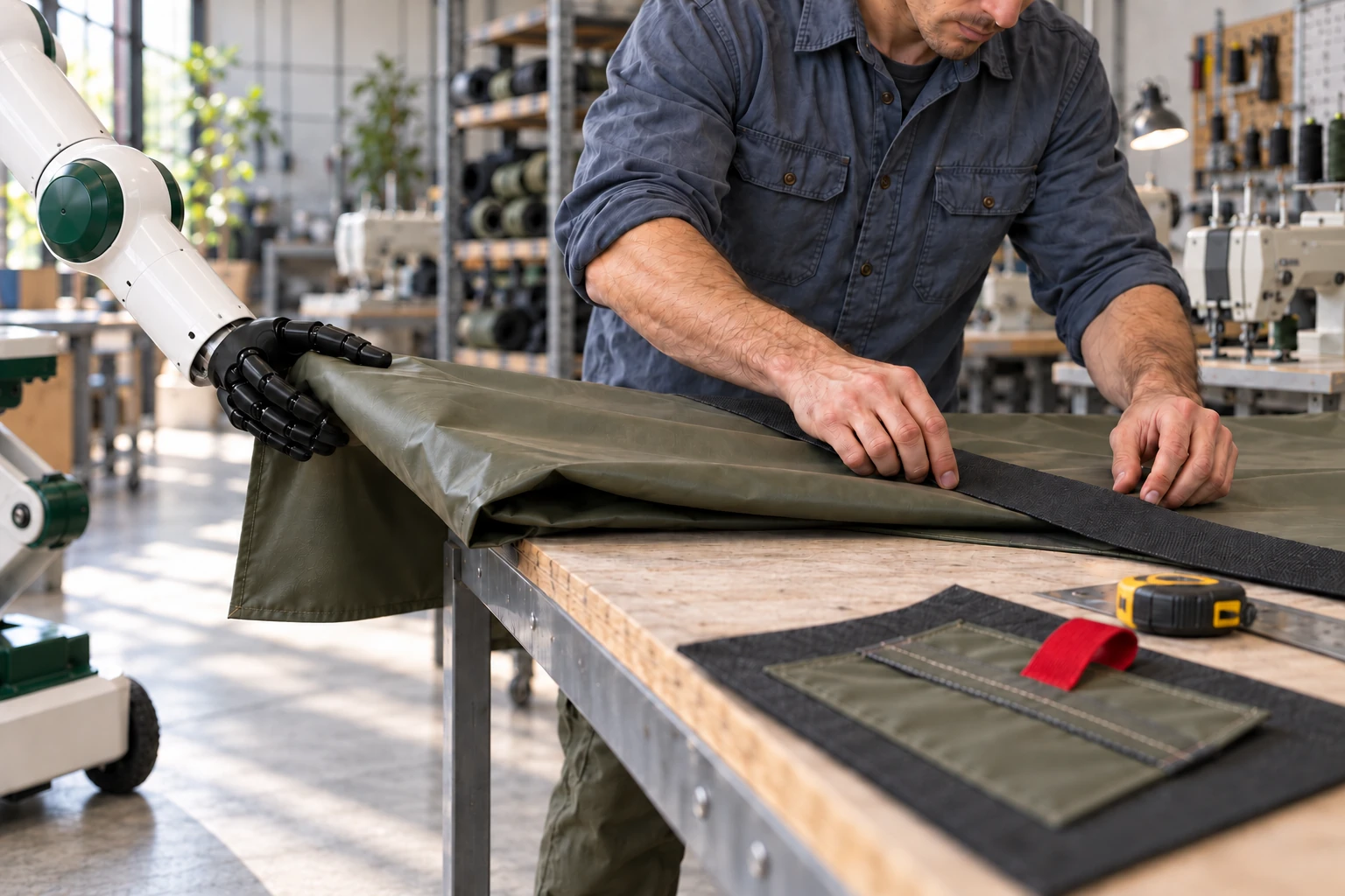 Muscle supports the folded free edge of a coated-fabric equipment cover while the maker aligns a webbing reinforcement on the table.