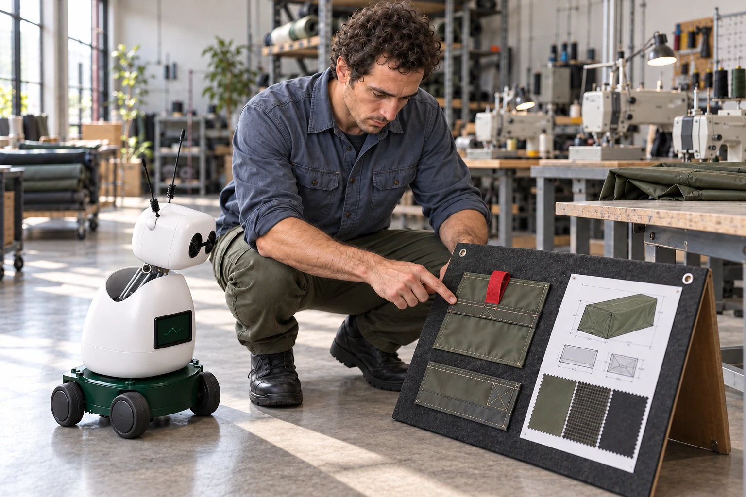 The maker shows Mini the red-loop seam sample and explains which cover drawing and material it belongs to.