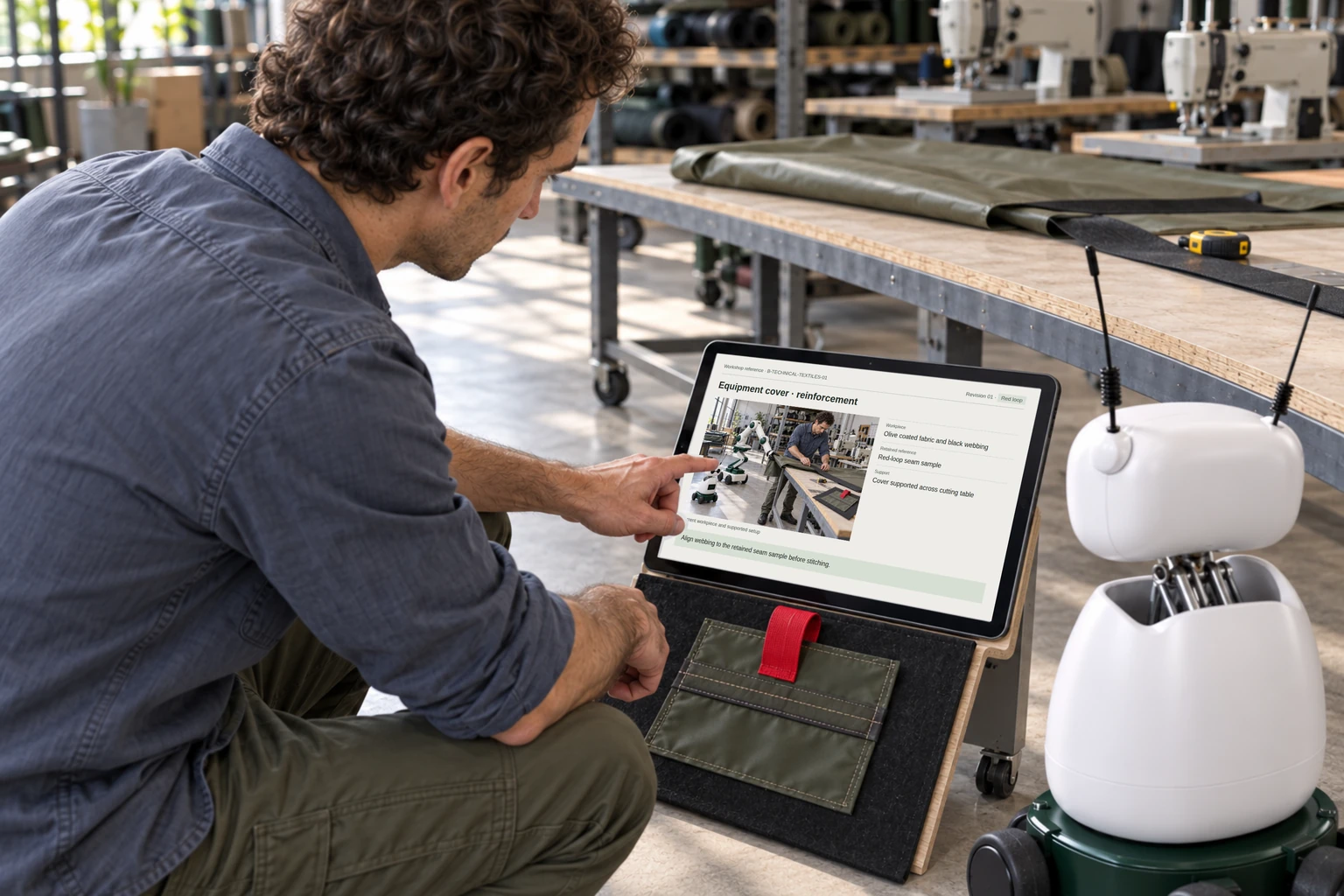 Worker and Mini consult the equipment-cover drawing and coated-fabric handling sheet.