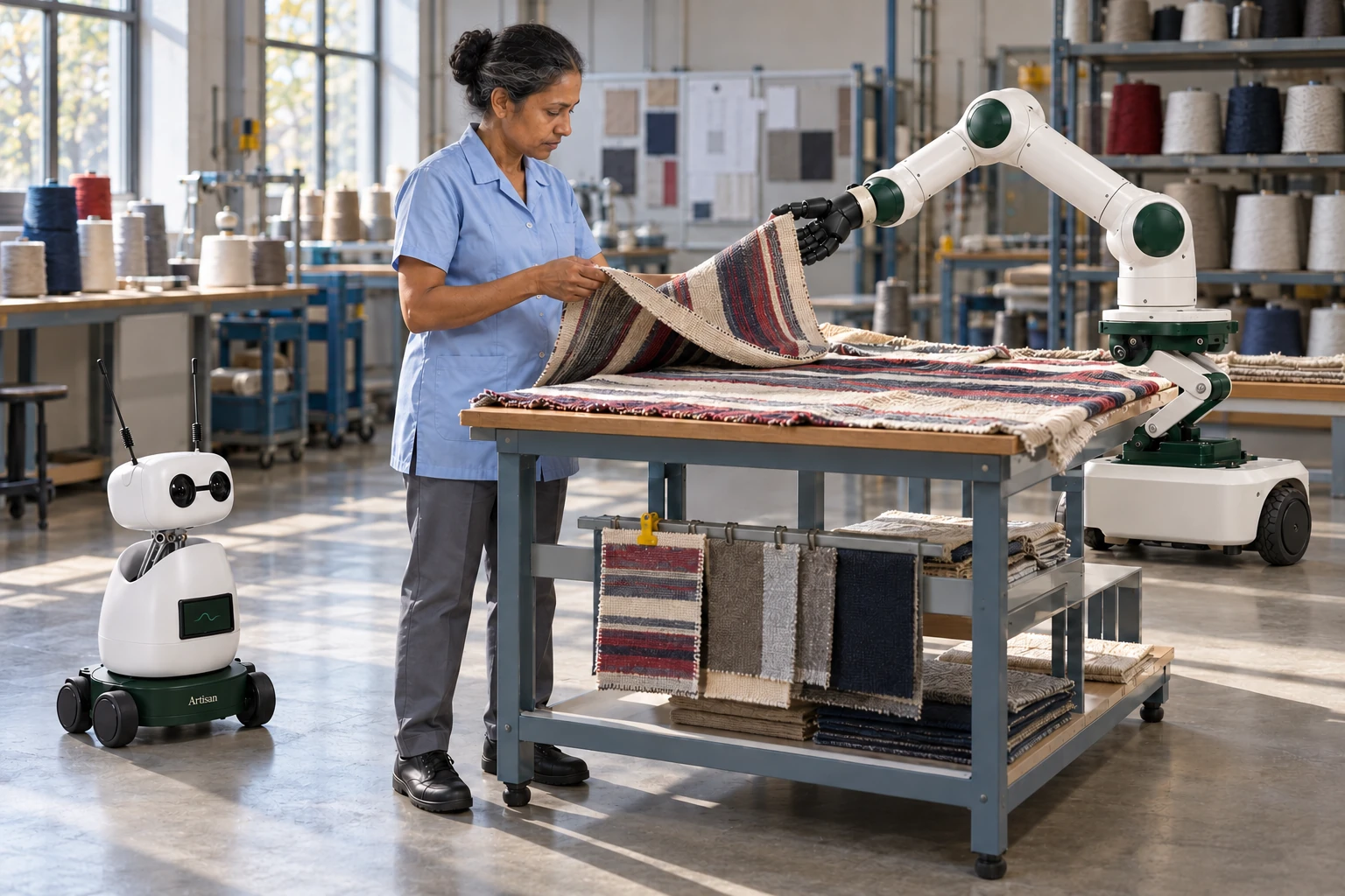Muscle lifts the free widthwise edge of a woven sample while the technician compares its face and reverse at the inspection table. Mini watches beside the skilled worker.