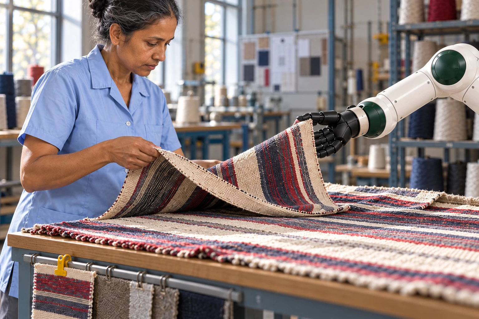 Muscle lifts the free widthwise edge of a woven sample while the technician compares its face and reverse at the inspection table.