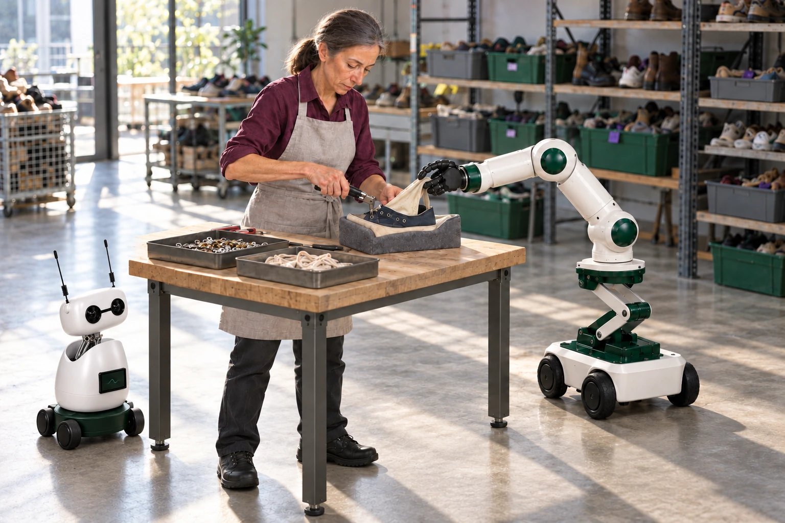 Muscle holds a loose shoe-lining flap back while the recovery worker uses hand tools to remove an accessible eyelet from the supported upper. Mini observes the actual handwork from a separate clear floor position.