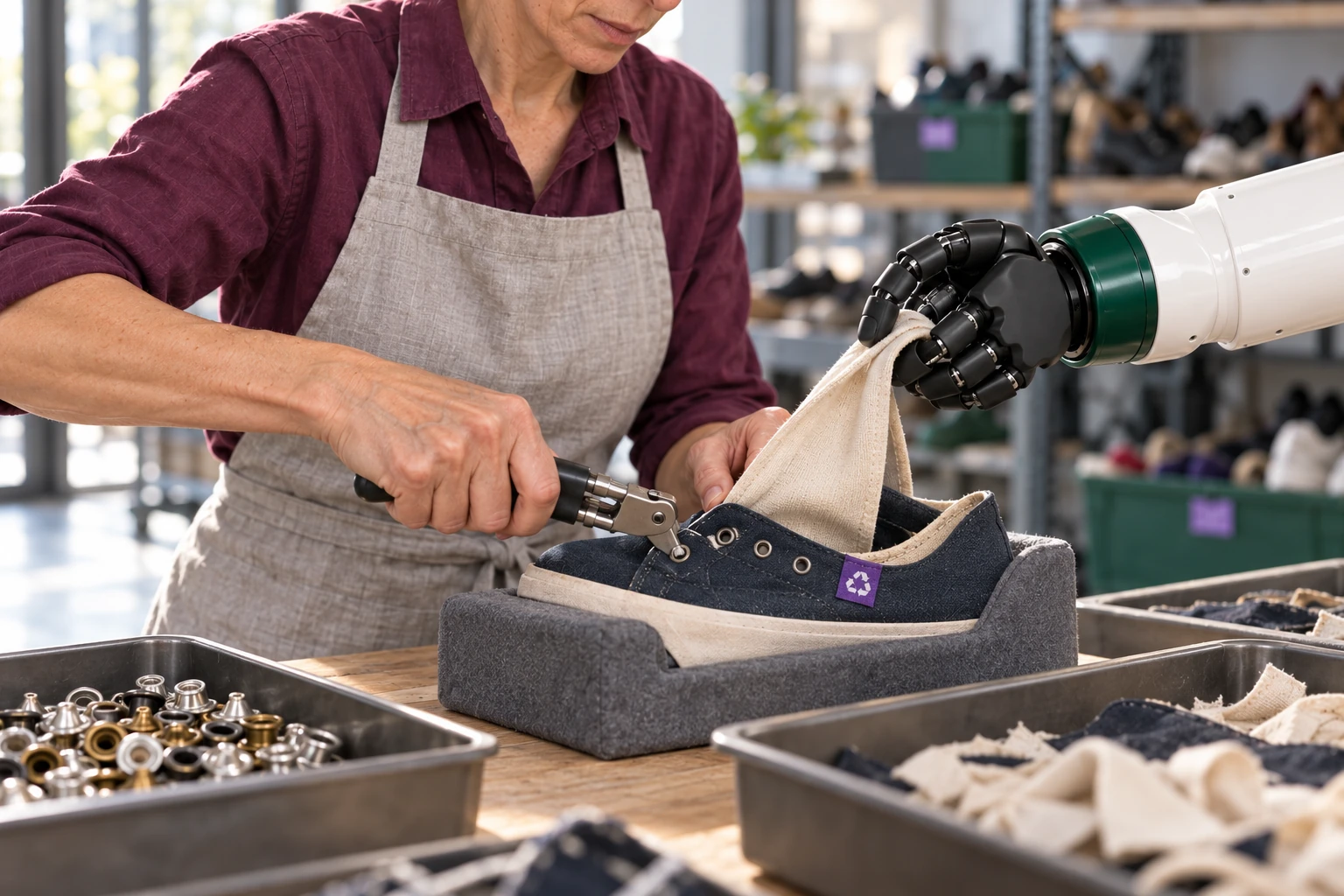 Muscle holds a loose shoe-lining flap back while the recovery worker uses hand tools to remove an accessible eyelet from the supported upper.