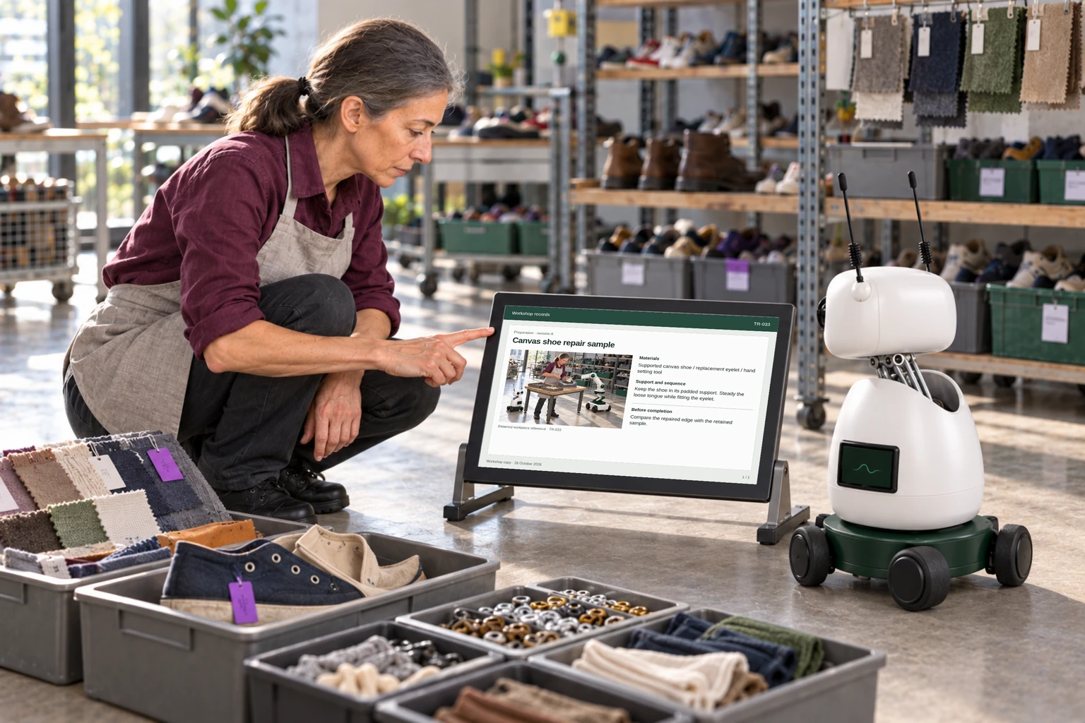 The worker and Mini compare an approved fibre and reuse-grading reference with a clean labelled sample.