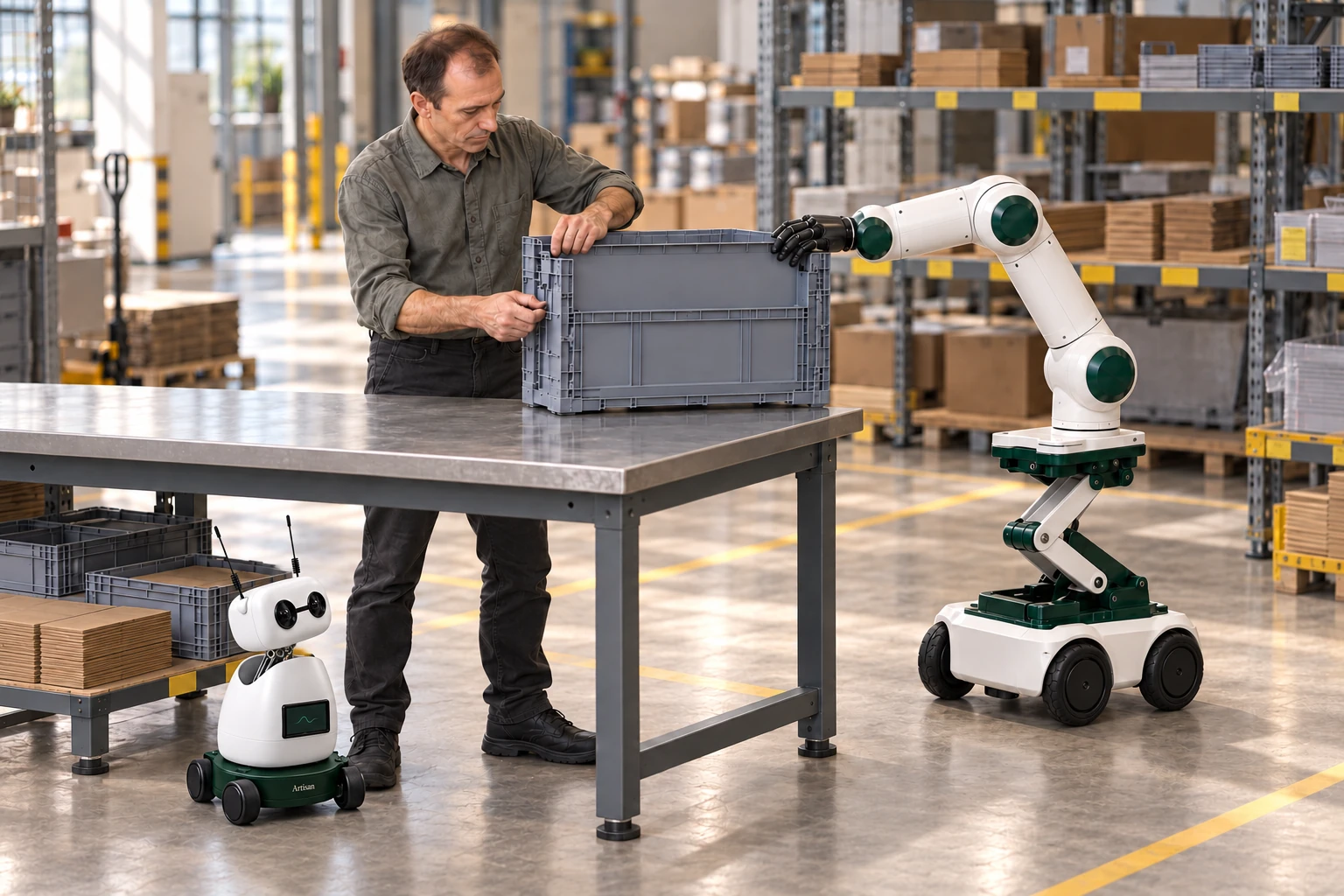Muscle steadies one raised rigid side of an empty collapsible transit container while a packing-materials operator engages its two corner latches. Mini observes the actual handwork from a separate clear floor position.