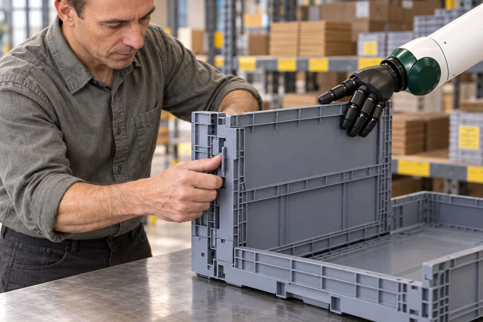 Muscle steadies one raised rigid side of an empty collapsible transit container while a packing-materials operator engages its two corner latches.