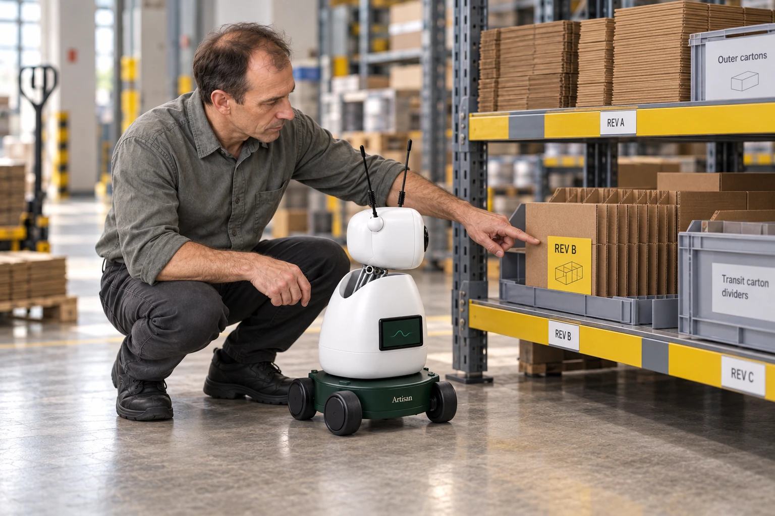 The operator explains that the revision-labelled sample defines the current transit-carton layout. The worker identifies the current outer-carton divider with its yellow revision label on the low packaging-reference shelf.