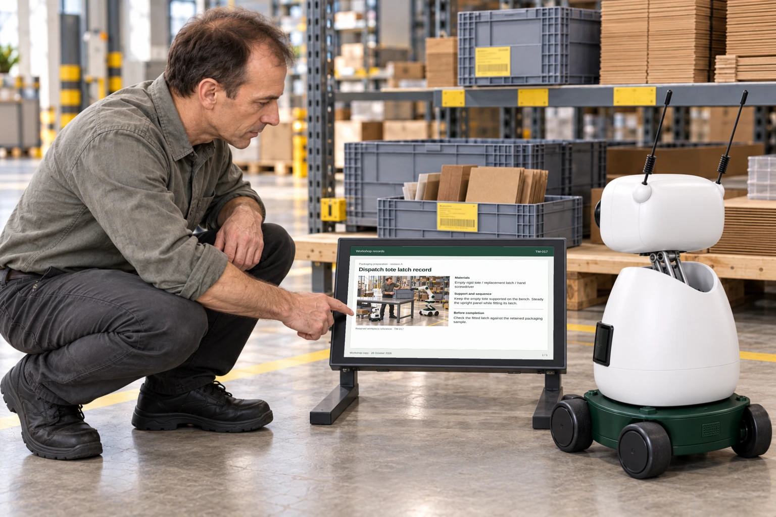 The operator and Mini consult the current outer-carton specification and sample revision record.