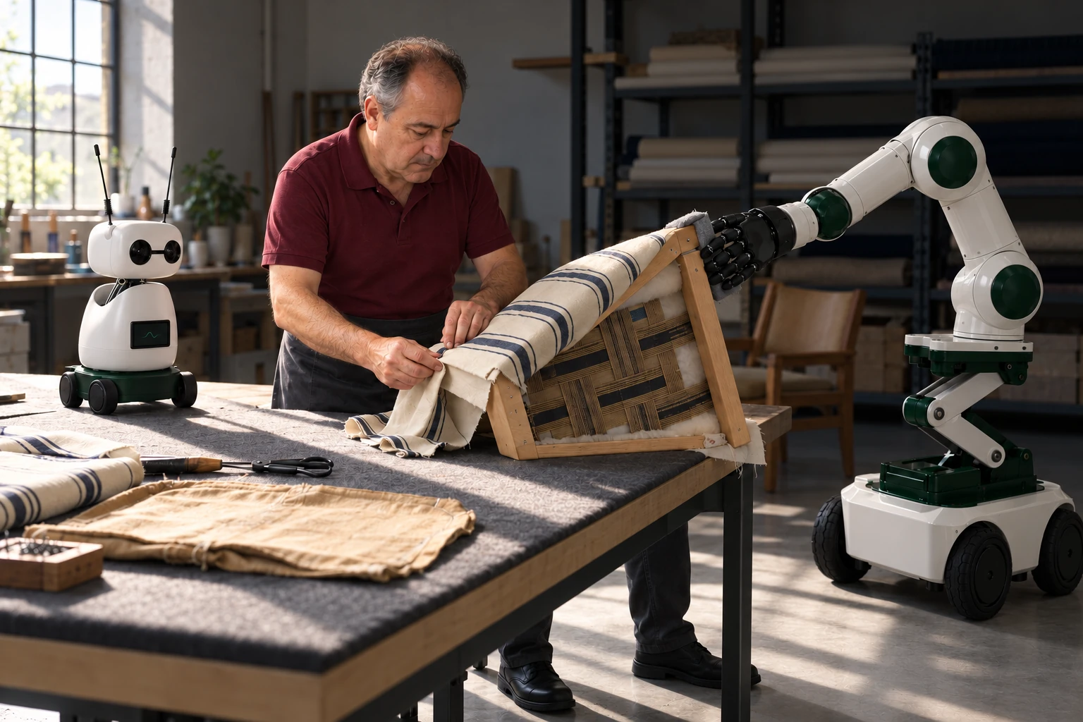 An upholsterer folds a chair-seat cover while Mini watches and the floor robot steadies its wooden frame.
