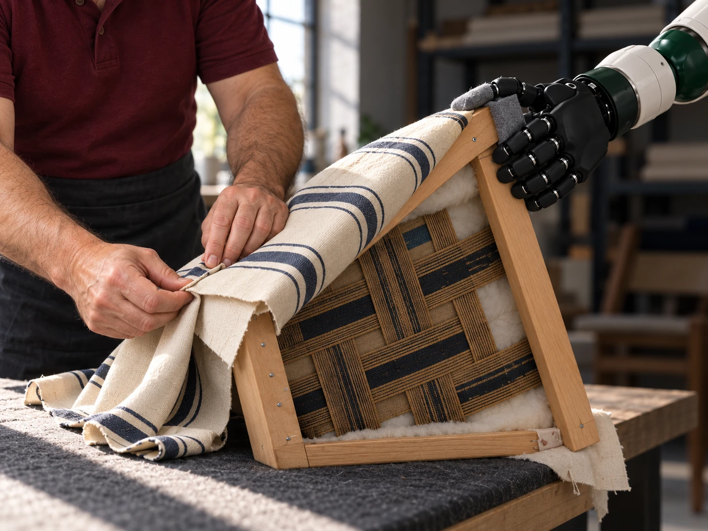 Black robotic fingers steady a protected wooden seat rail while the upholsterer forms the fabric corner.