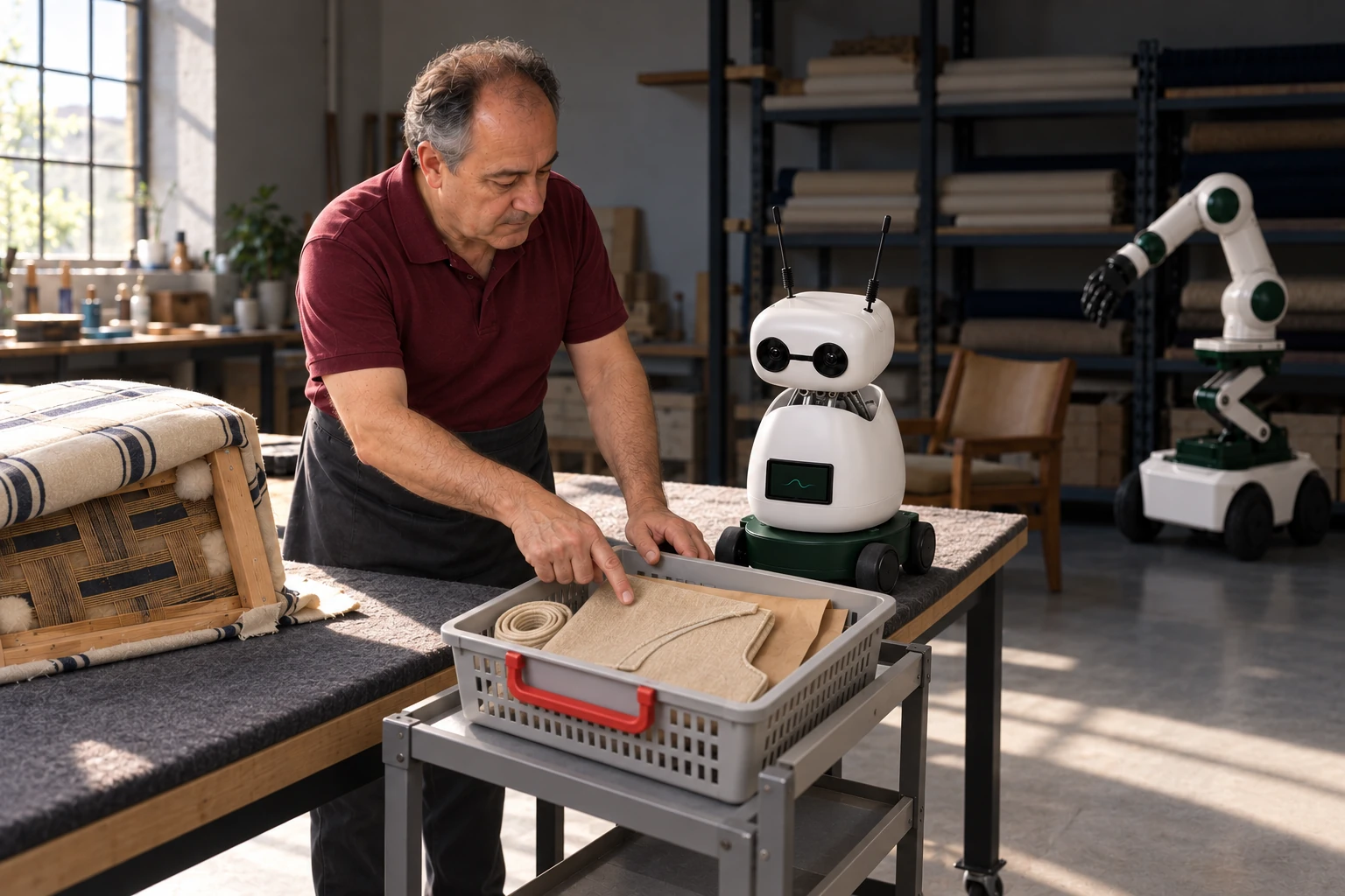 The upholsterer shows Mini how the old cover and pattern stay together for the chair job.
