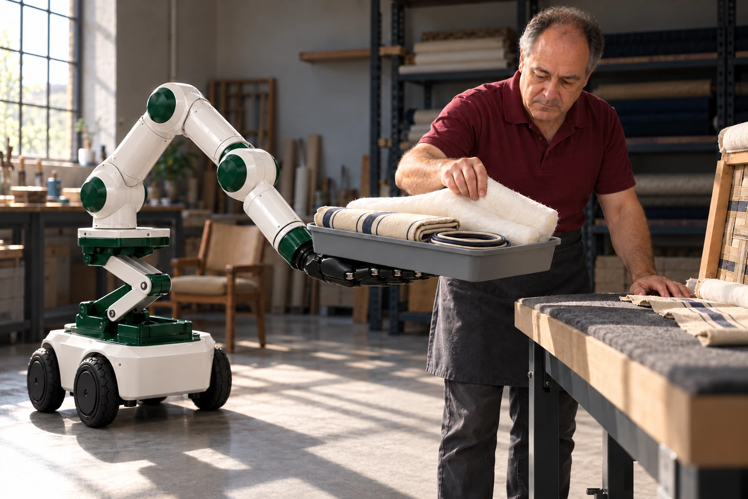 The floor robot brings selected padding and cover pieces to the upholsterer.