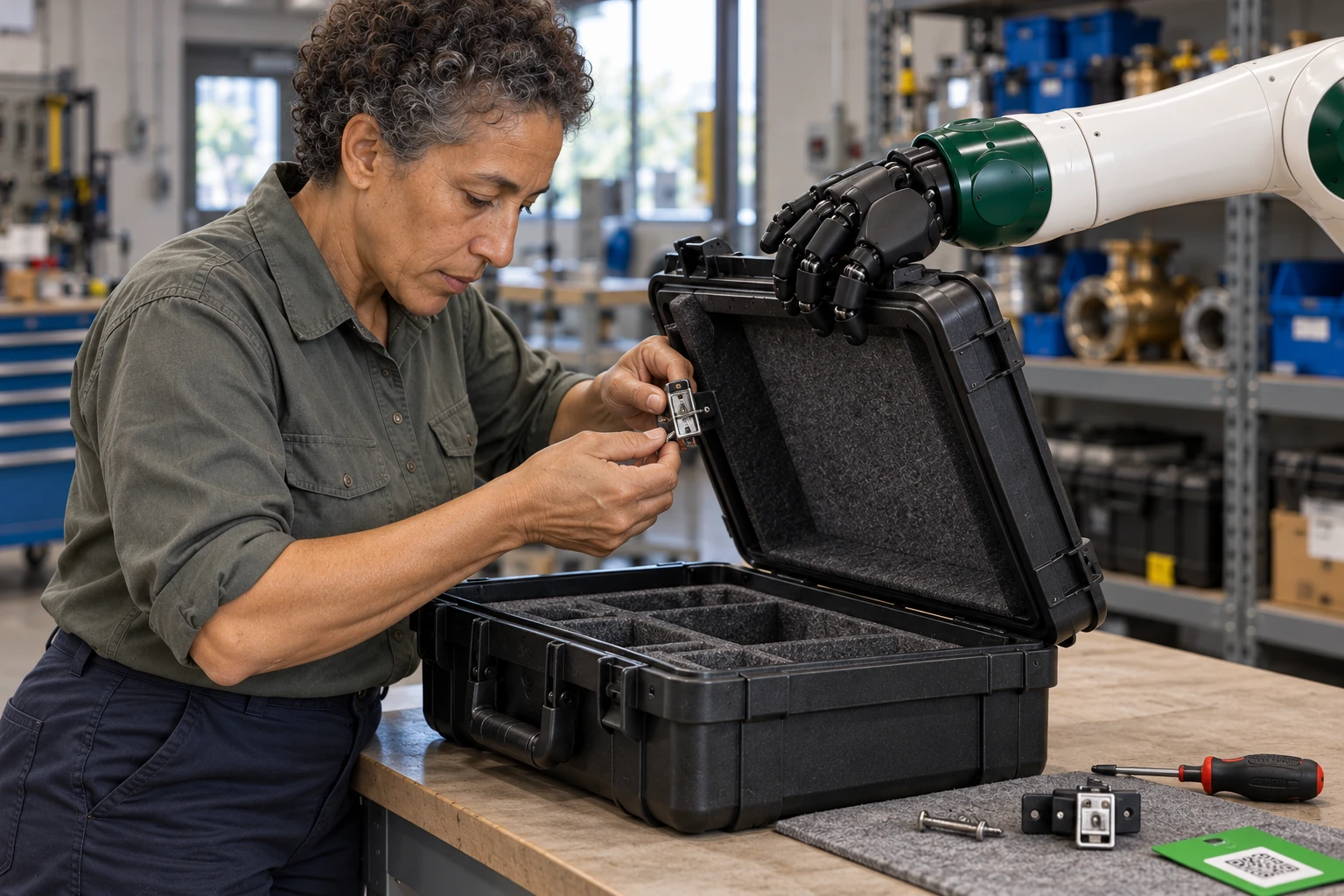 Muscle steadies the raised cover of an empty field-instrument case while a utility technician replaces its detachable latch with both hands.