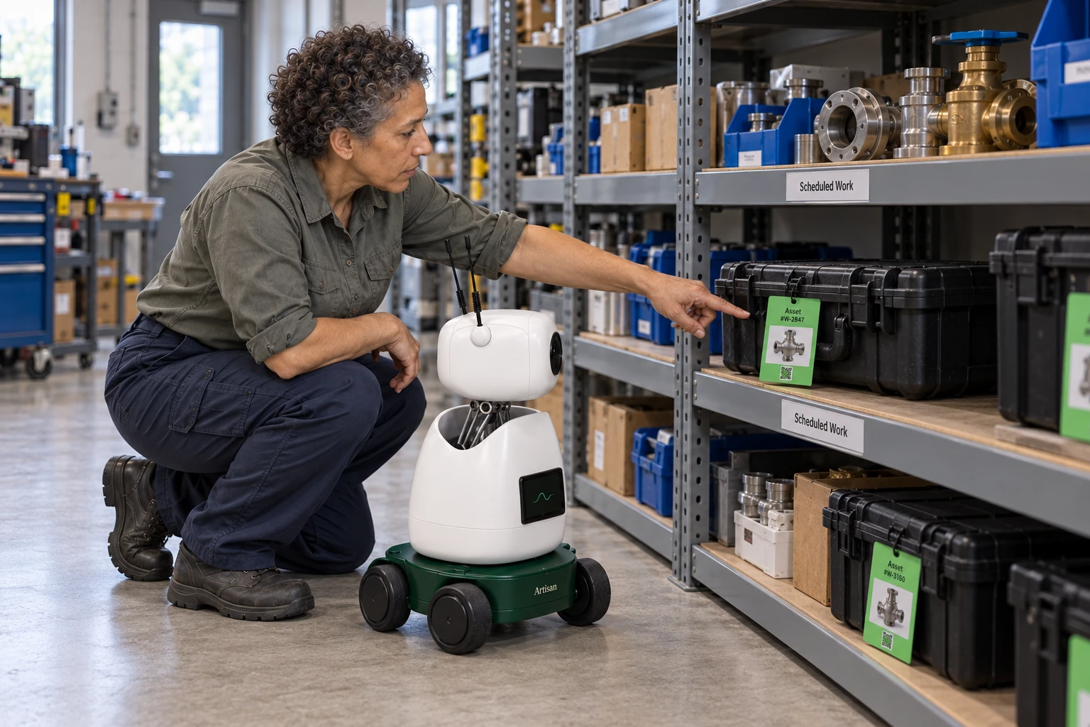 The technician explains that prepared accessories stay with the asset card until the scheduled maintenance visit. The worker identifies the prepared valve-accessory kit with its green asset card on the low scheduled-work shelf.
