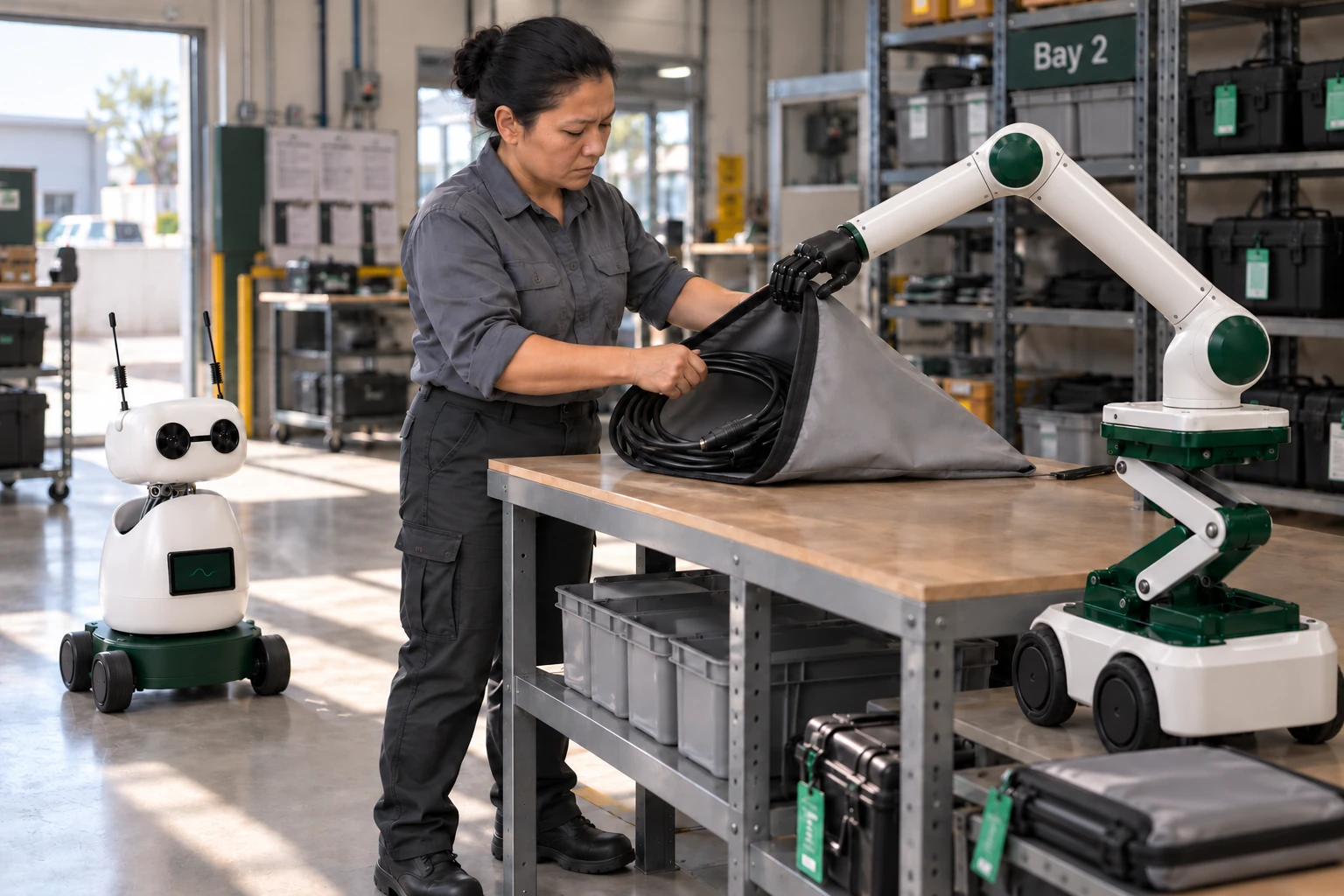 Muscle holds open the wide mouth of a flexible protective sleeve while a technician uses both hands to guide a coiled, disconnected inspection lead inside. Mini observes the actual handwork from a separate clear floor position.