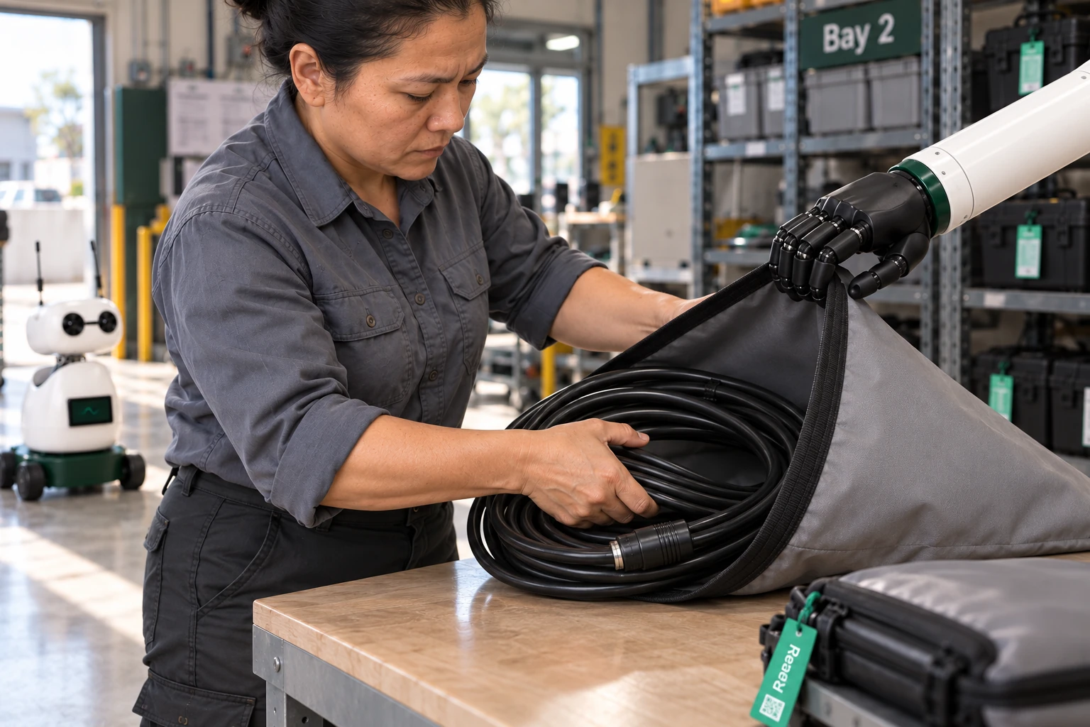 Muscle holds open the wide mouth of a flexible protective sleeve while a technician uses both hands to guide a coiled, disconnected inspection lead inside.