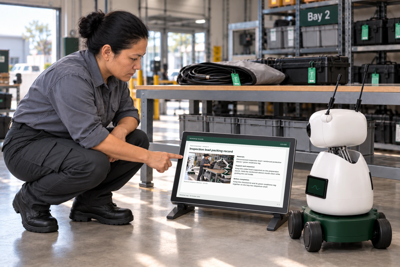 A depot technician and Mini consult a source-linked test-lead identification guide beside the packed inspection case.