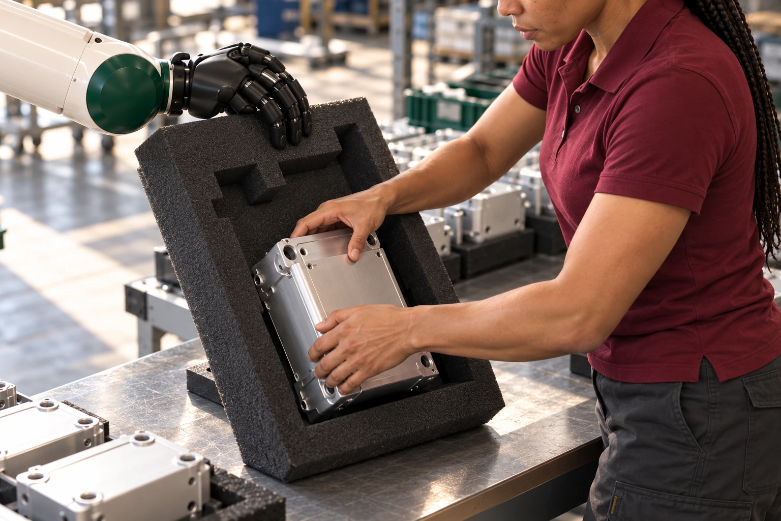Muscle keeps a lightweight formed protective insert upright while the packer uses both hands to lower a small finished housing into its supported nest.