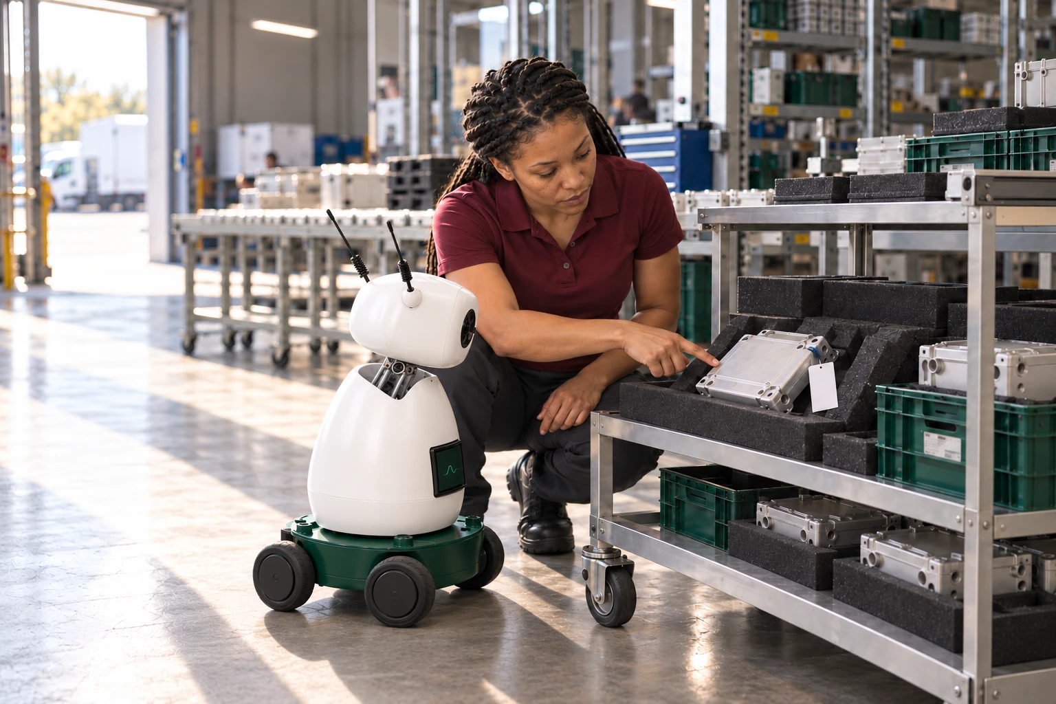 Inspector explains that the tagged first-off sample stays available until the batch is signed off. The worker shows Mini the first-off housing sample, now in the foam pocket with the white tag on the low inspection cart; Mini listens and looks at that actual object.
