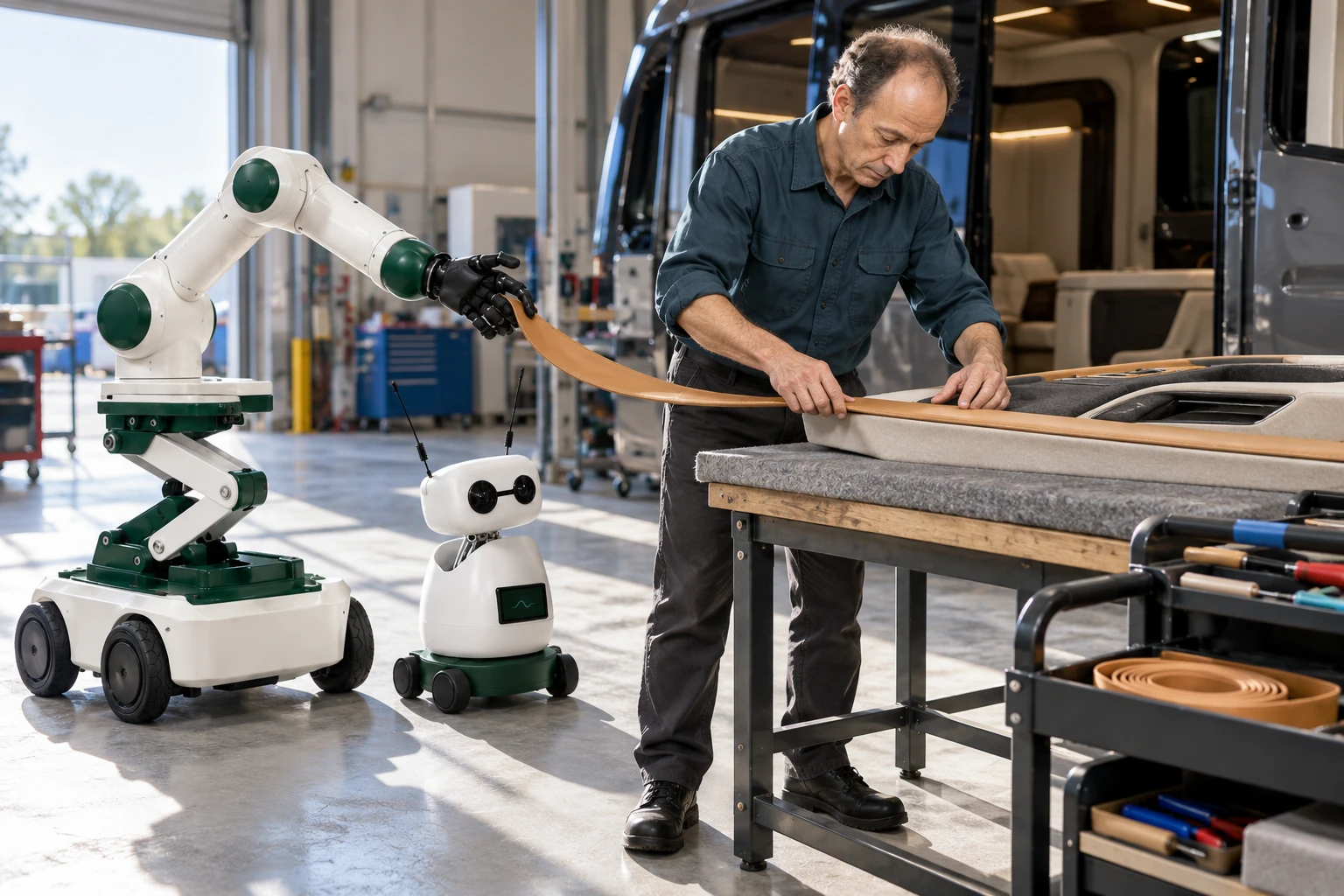 Muscle holds the slack end of a soft trim strip clear while the assembler uses both hands to position its near end on a supported interior panel.