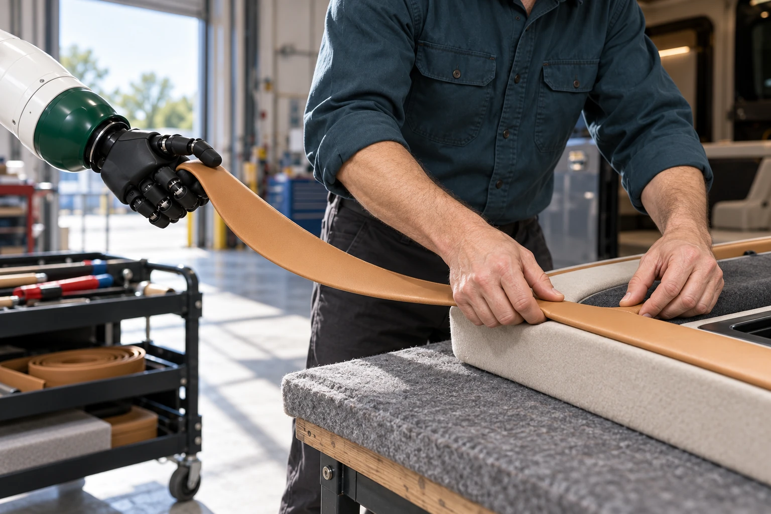 Muscle holds the slack end of a soft trim strip clear while the assembler uses both hands to position its near end on a supported interior panel.