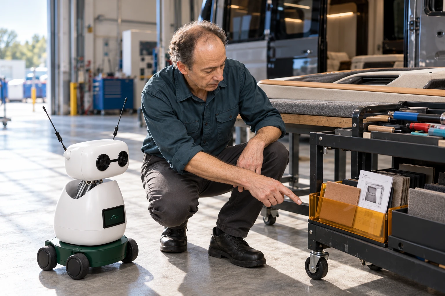 Assembler explains how this build-specific trim sample and revision travel with the vehicle. The worker shows Mini the approved trim sample, now in the amber pocket on the lower build trolley; Mini listens and looks at that actual object.