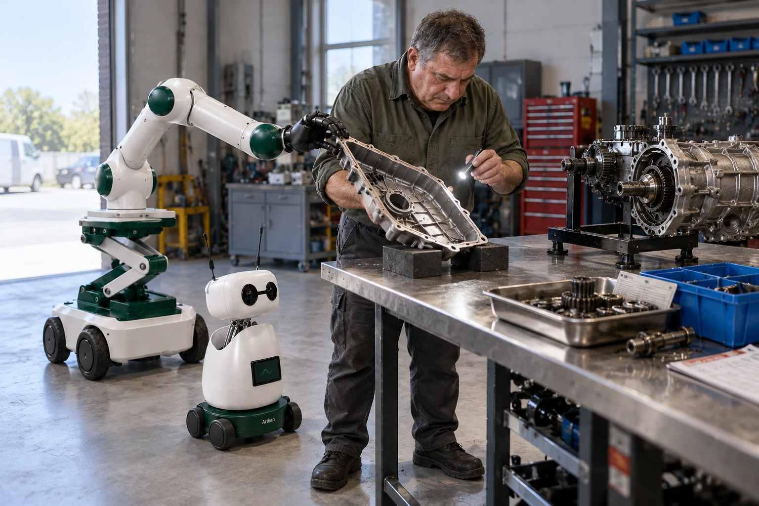 Muscle steadies the free edge of a lightweight cleaned cover resting on padded blocks while the rebuilder uses both hands to inspect its gasket surface.