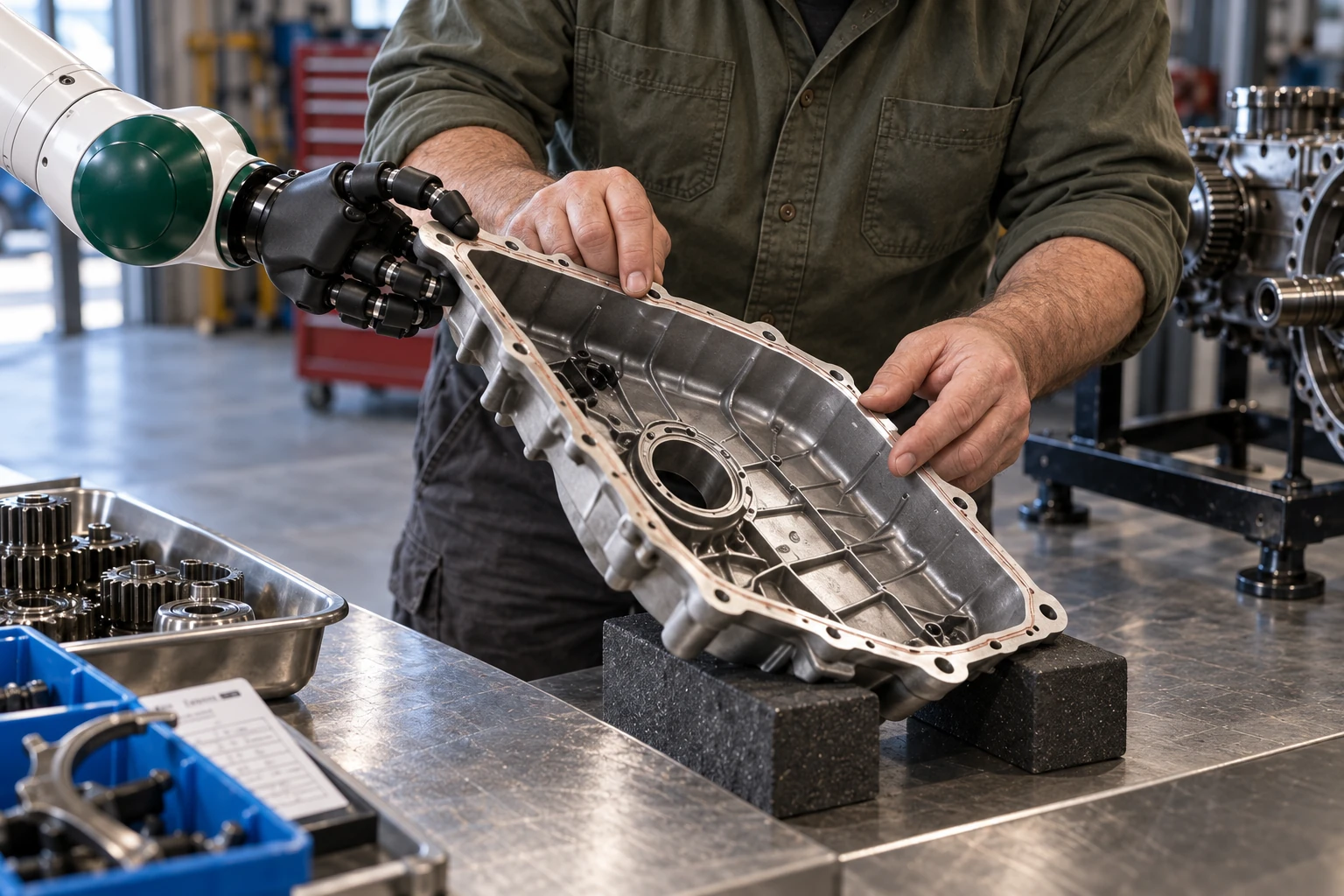 Muscle steadies the free edge of a lightweight cleaned cover resting on padded blocks while the rebuilder uses both hands to inspect its gasket surface.