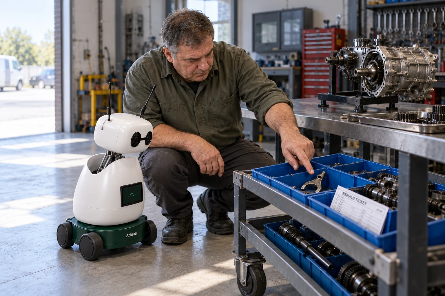 Rebuilder explains which original part must remain available for comparison during this rebuild. The worker shows Mini the original selector fork, now in the divided blue tray with the rebuild ticket on the lower rack; Mini listens and looks at that actual object.